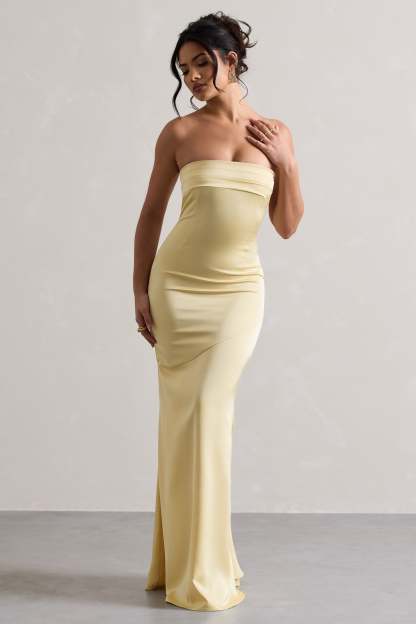 Colada Lemon Satin Pleated Bandeau Maxi Dress-Babyboo Dress Store. All Rights Reserved.
