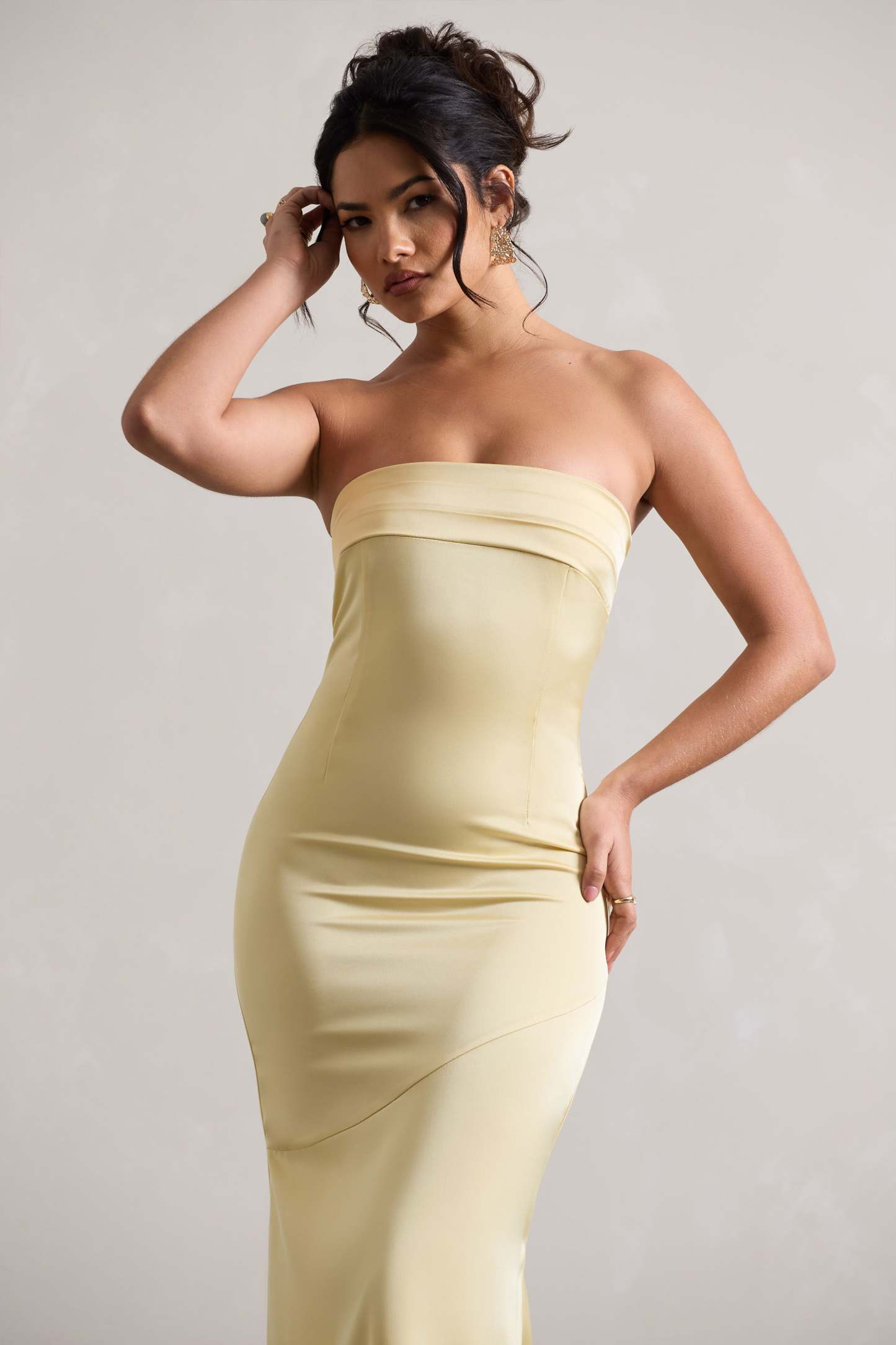Colada Lemon Satin Pleated Bandeau Maxi Dress-Babyboo Dress Store. All Rights Reserved.