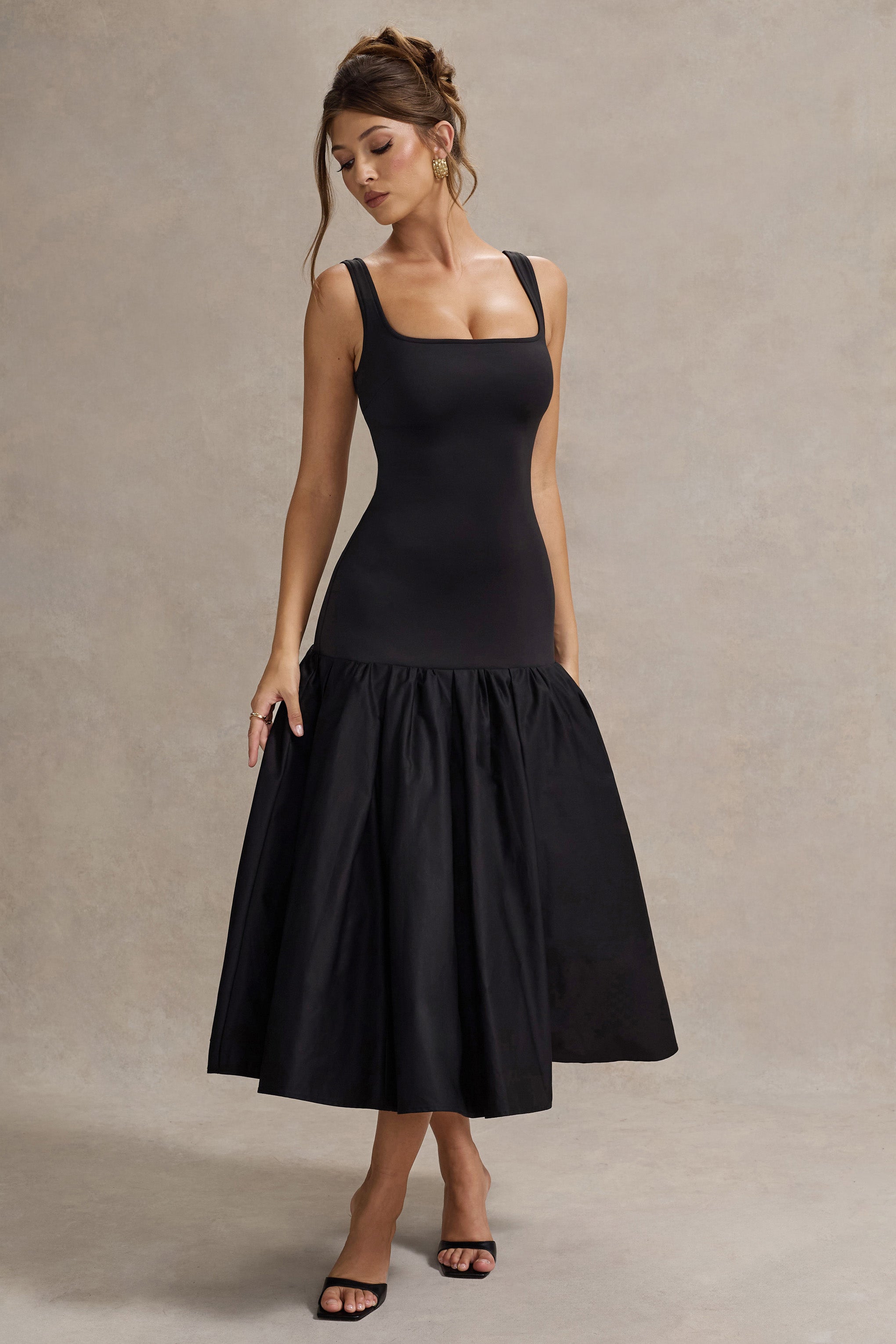 Black Poplin Drop-Waist Maxi Dress With Peplum Hem