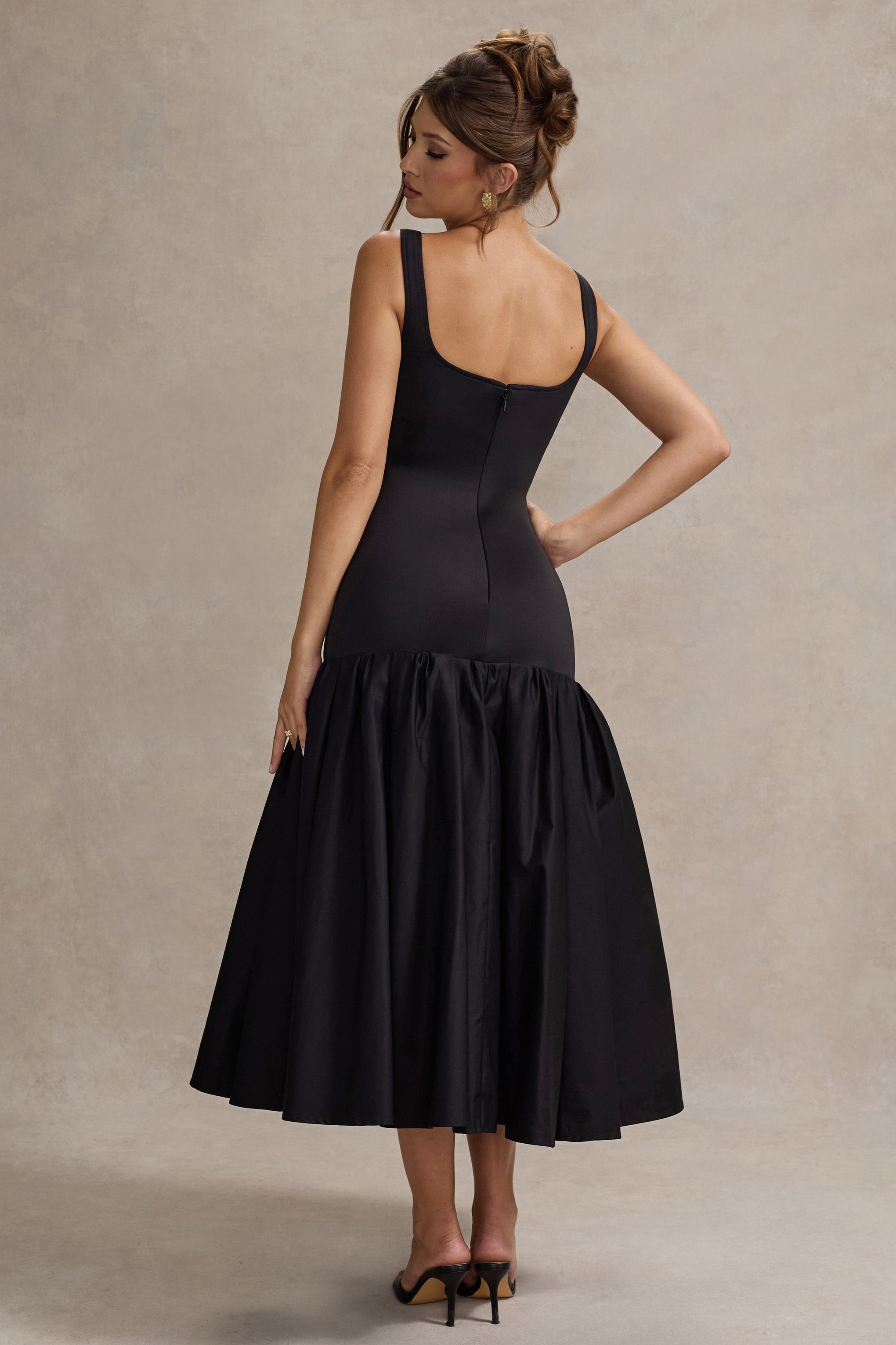 Black Poplin Drop-Waist Maxi Dress With Peplum Hem