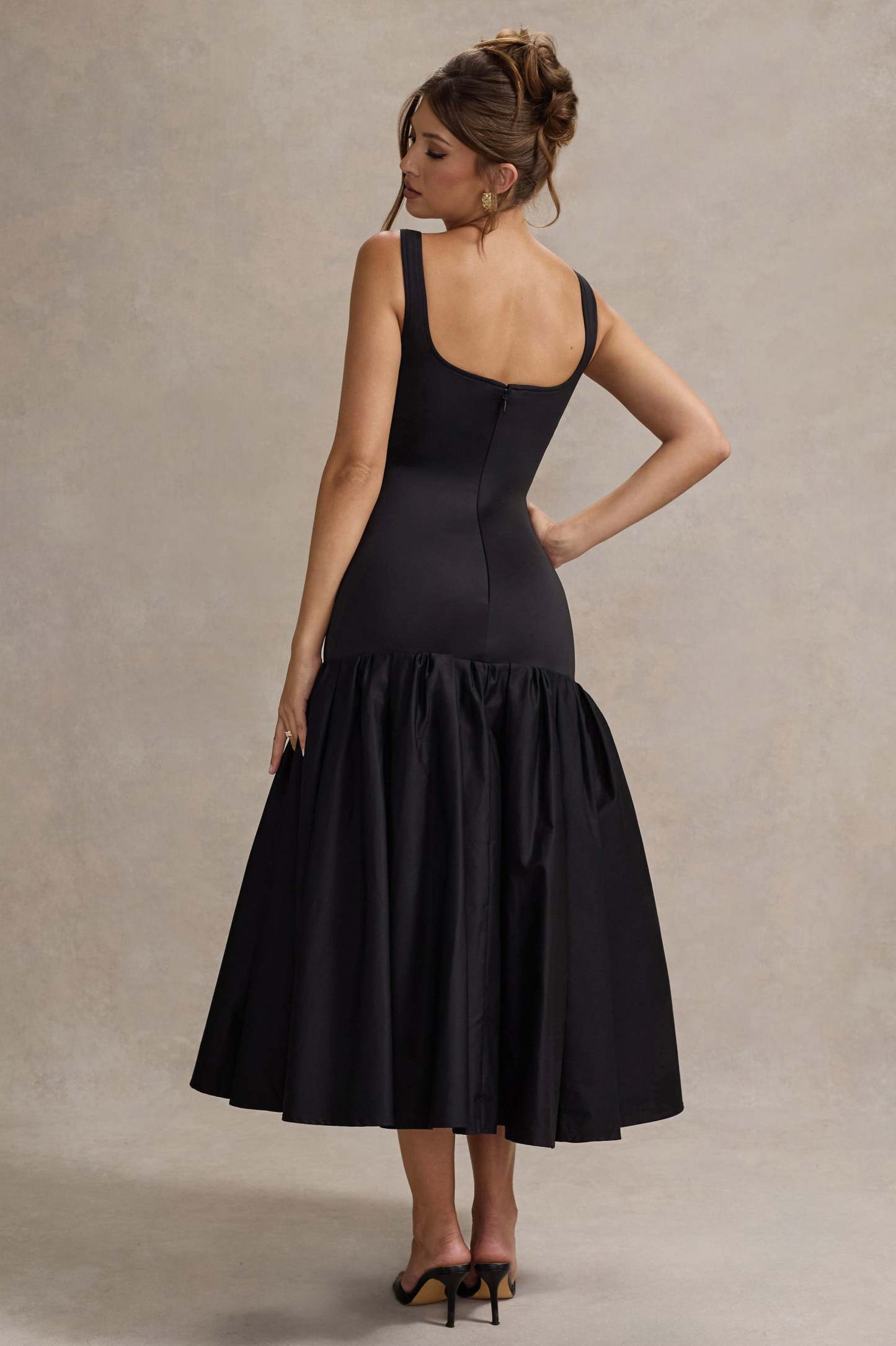 Black Poplin Drop-Waist Maxi Dress With Peplum Hem