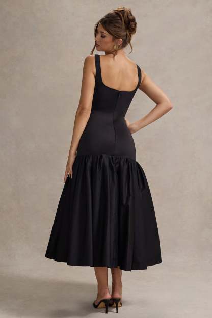Black Poplin Drop-Waist Maxi Dress With Peplum Hem