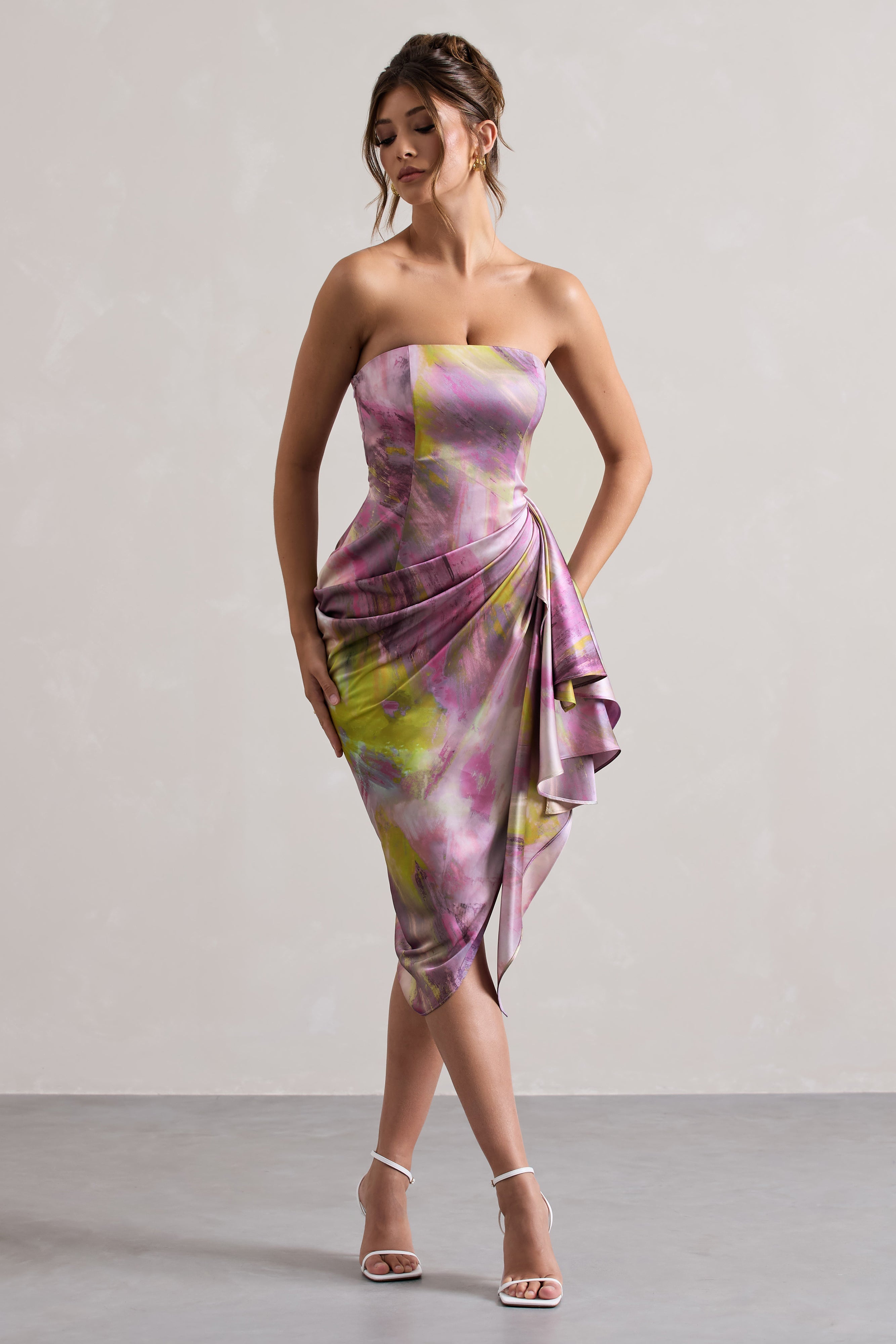 Axel Lilac Print Satin Strapless Wrap Midi Dress