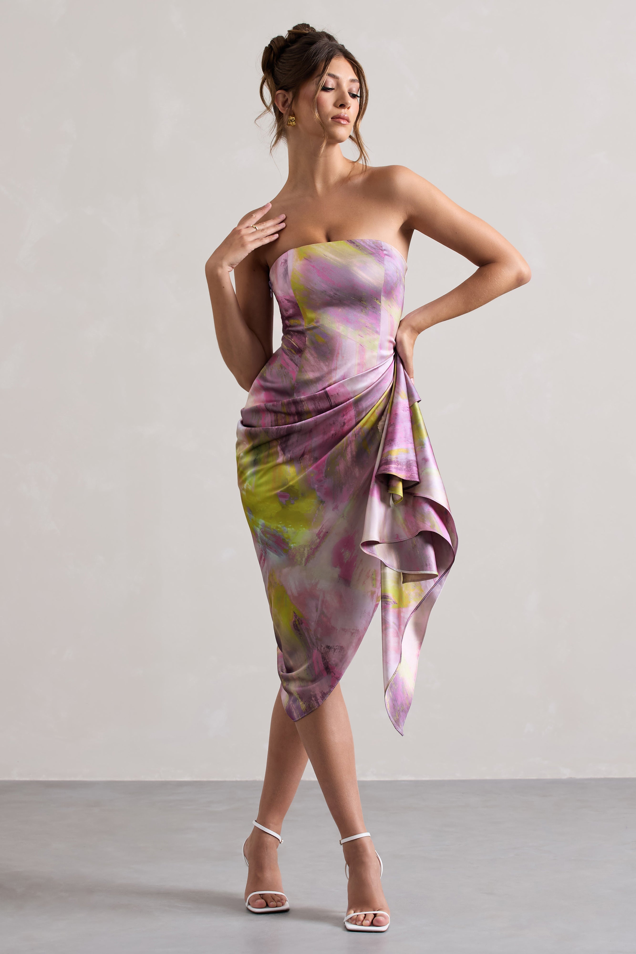 Axel Lilac Print Satin Strapless Wrap Midi Dress
