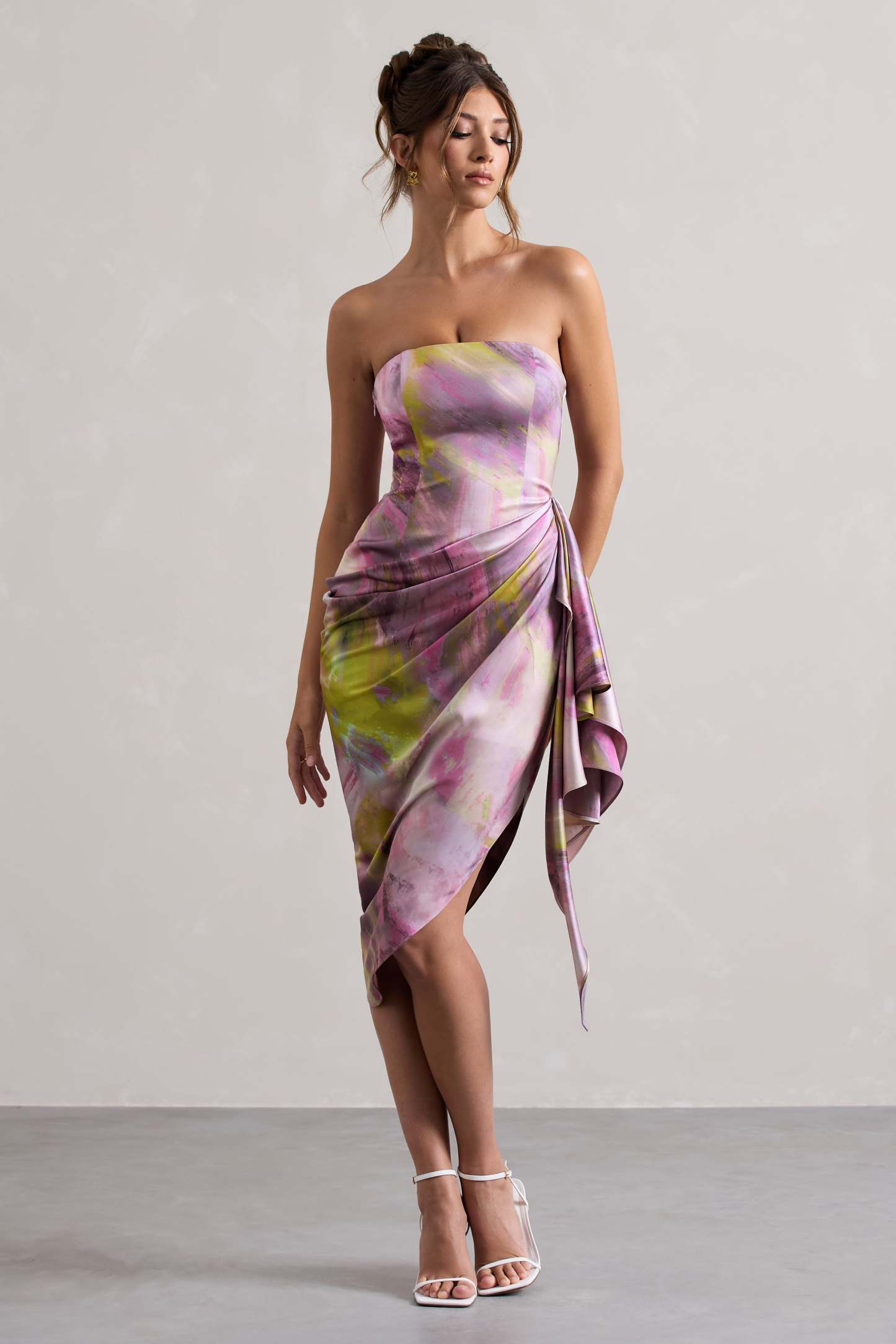Axel Lilac Print Satin Strapless Wrap Midi Dress