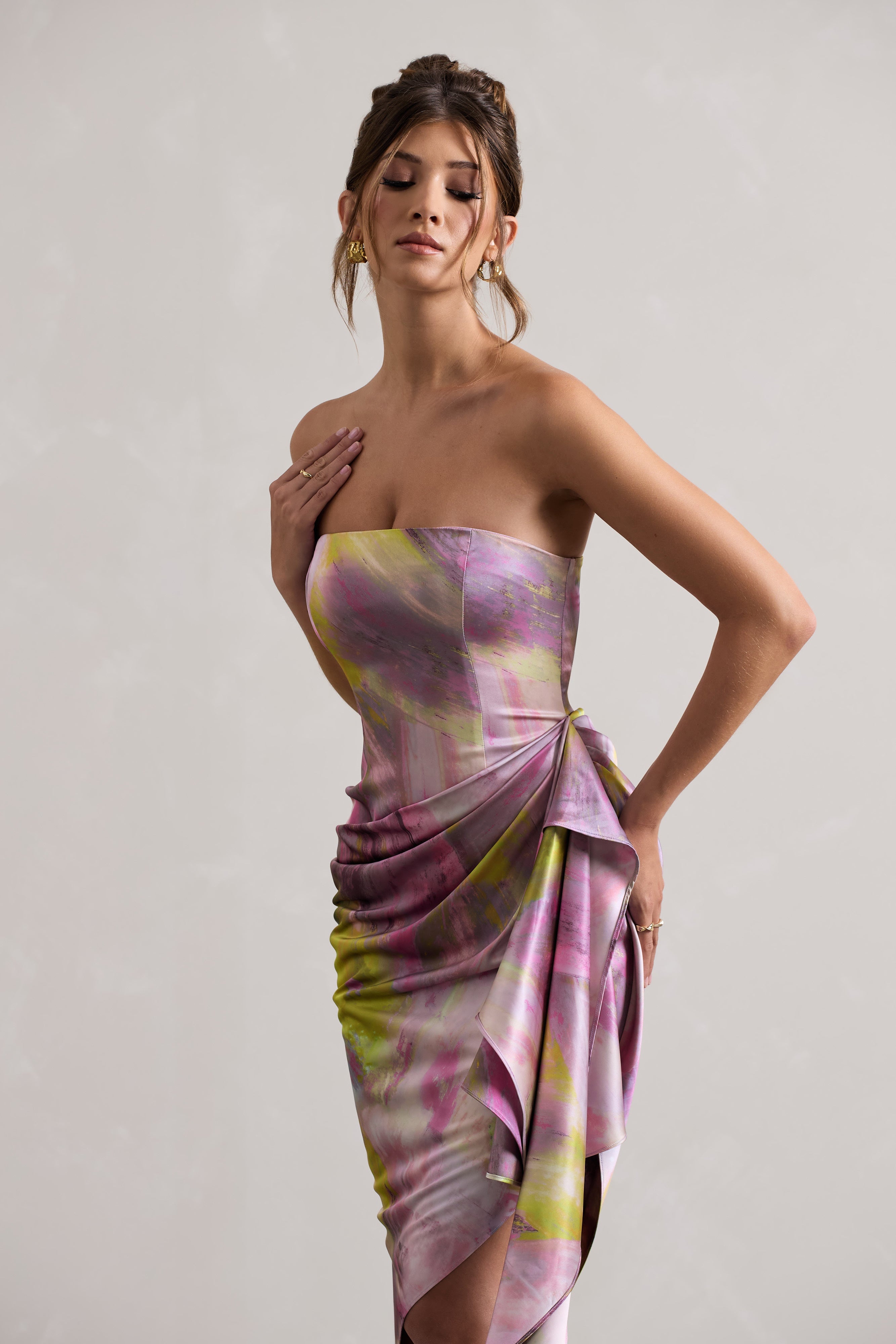 Axel Lilac Print Satin Strapless Wrap Midi Dress