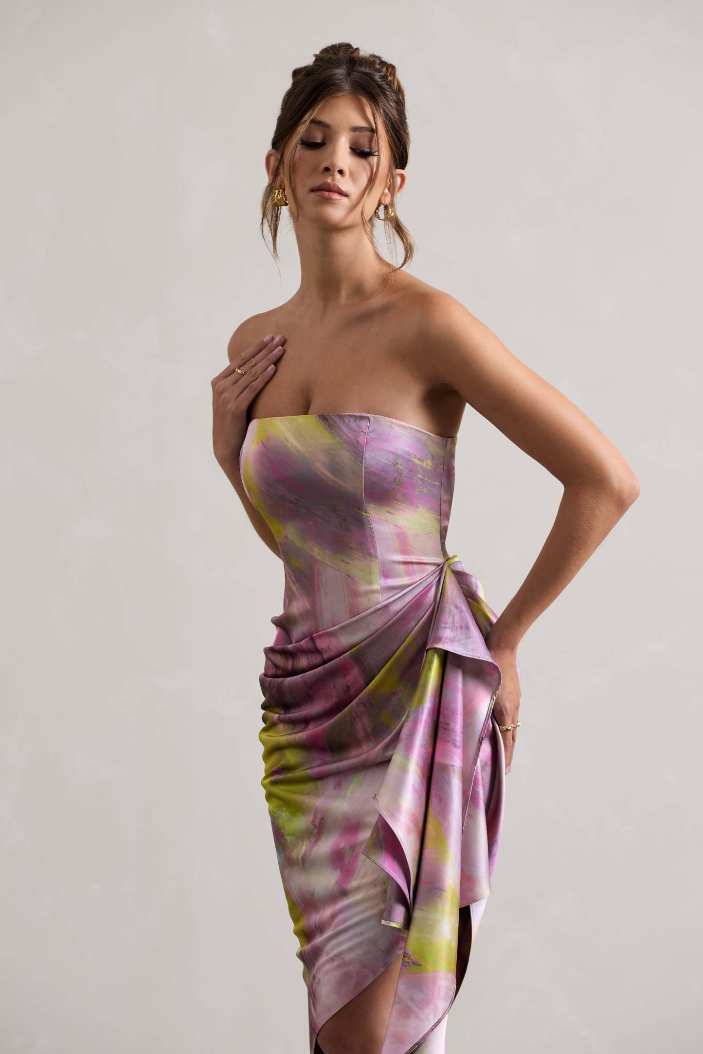 Axel Lilac Print Satin Strapless Wrap Midi Dress