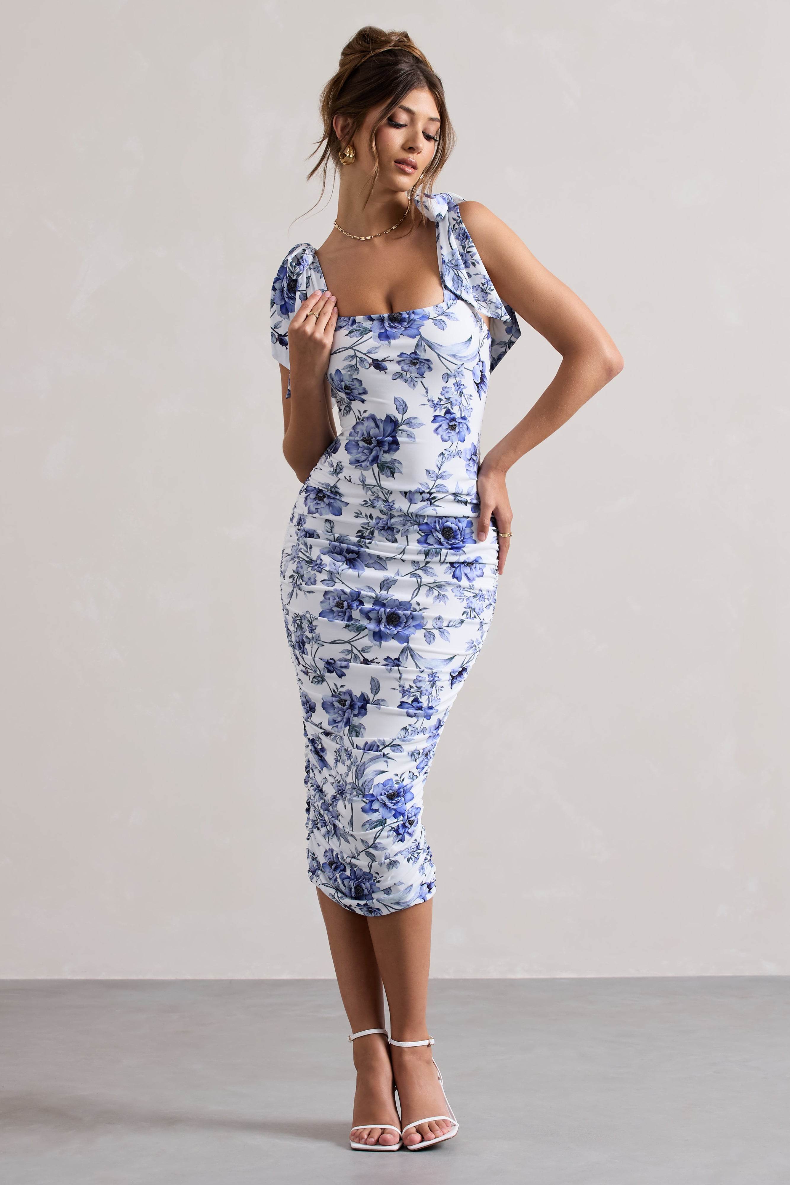 Cordelia Floral Print Bodycon Midi Dress With Bow Straps-Babyboo Dress Store. All Rights Reserved.