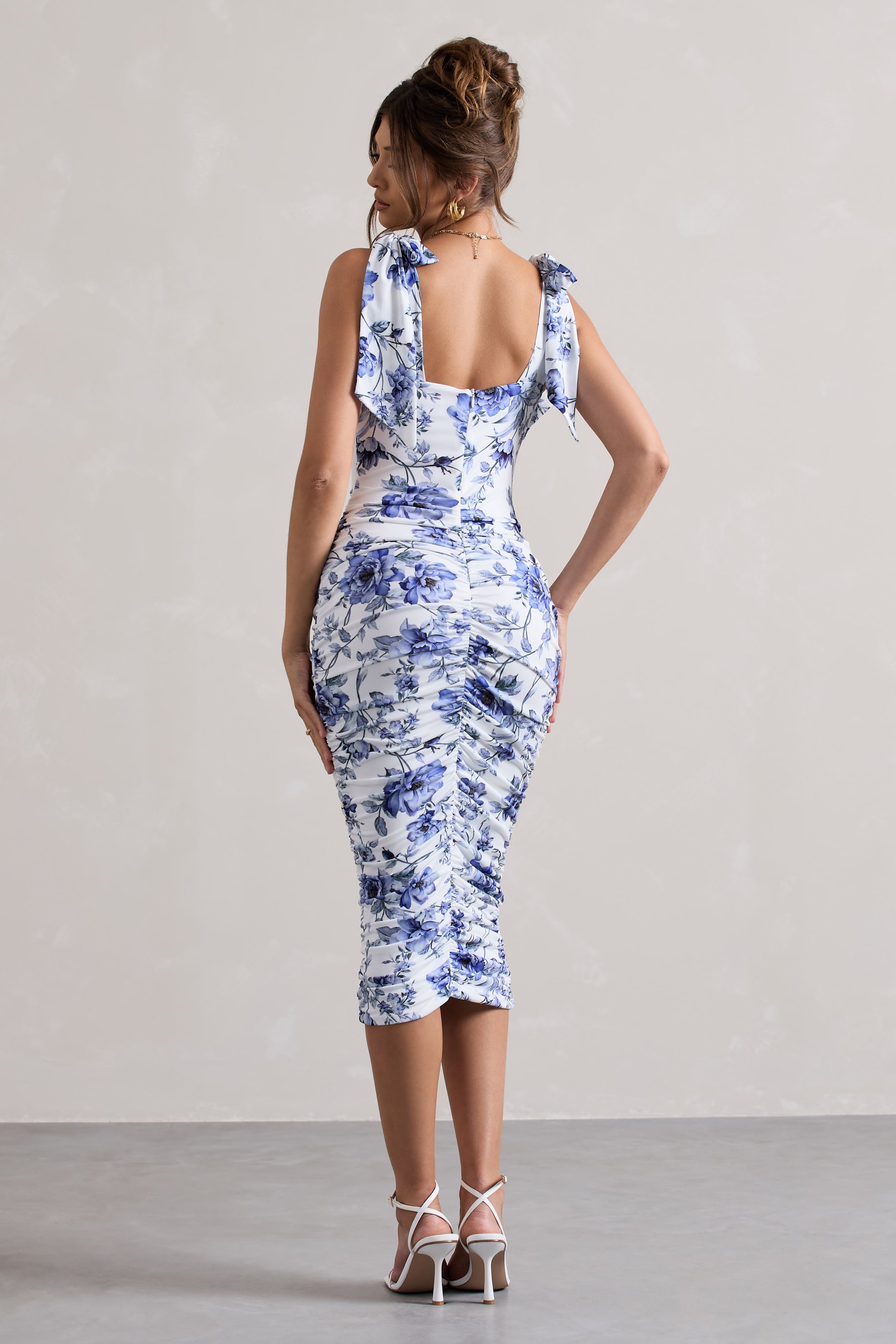 Cordelia Floral Print Bodycon Midi Dress With Bow Straps-Babyboo Dress Store. All Rights Reserved.