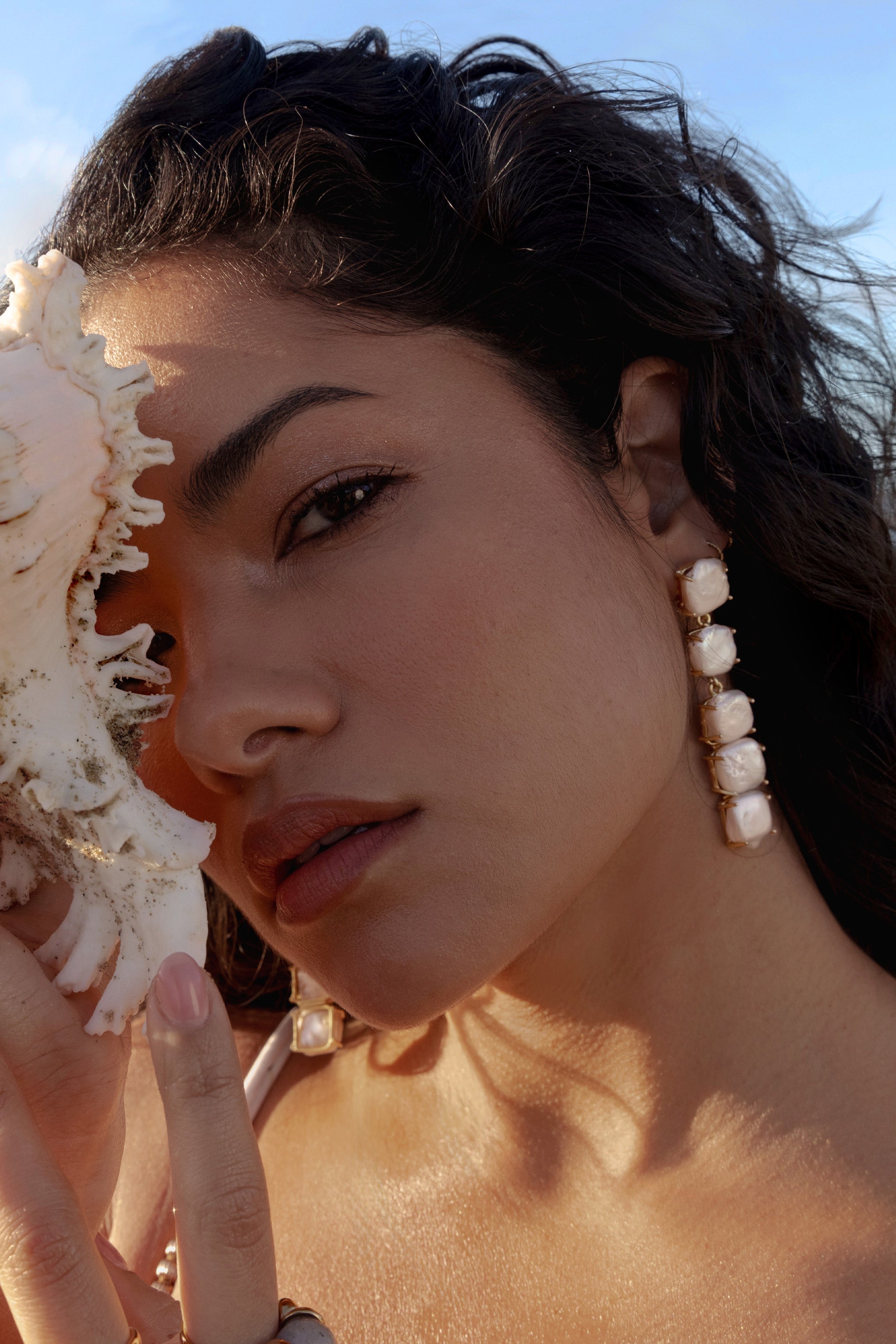 Coral Cove Gold Dangle Earrings With Iridescent Shell-Babyboo Dress Store. All Rights Reserved.