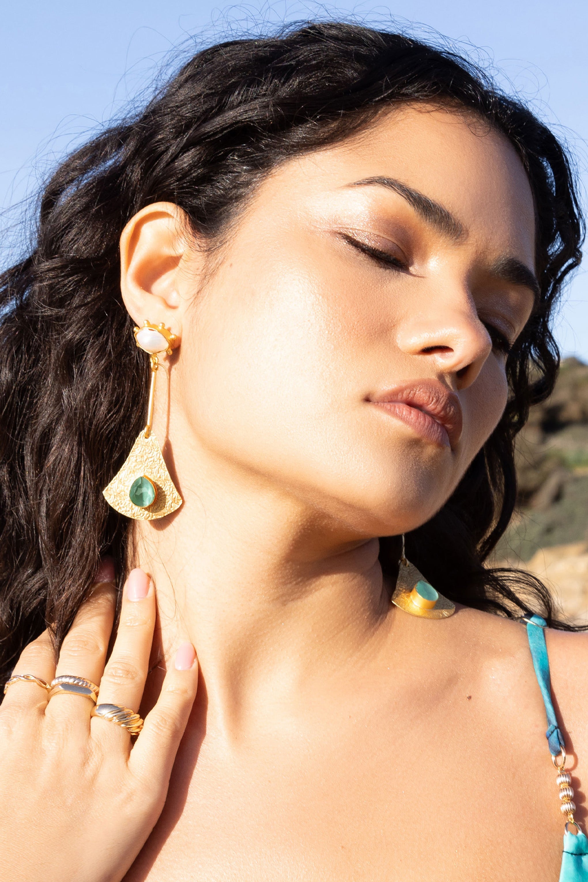 Pacific Gold Drop Earrings With Green Pendant-Babyboo Dress Store. All Rights Reserved.