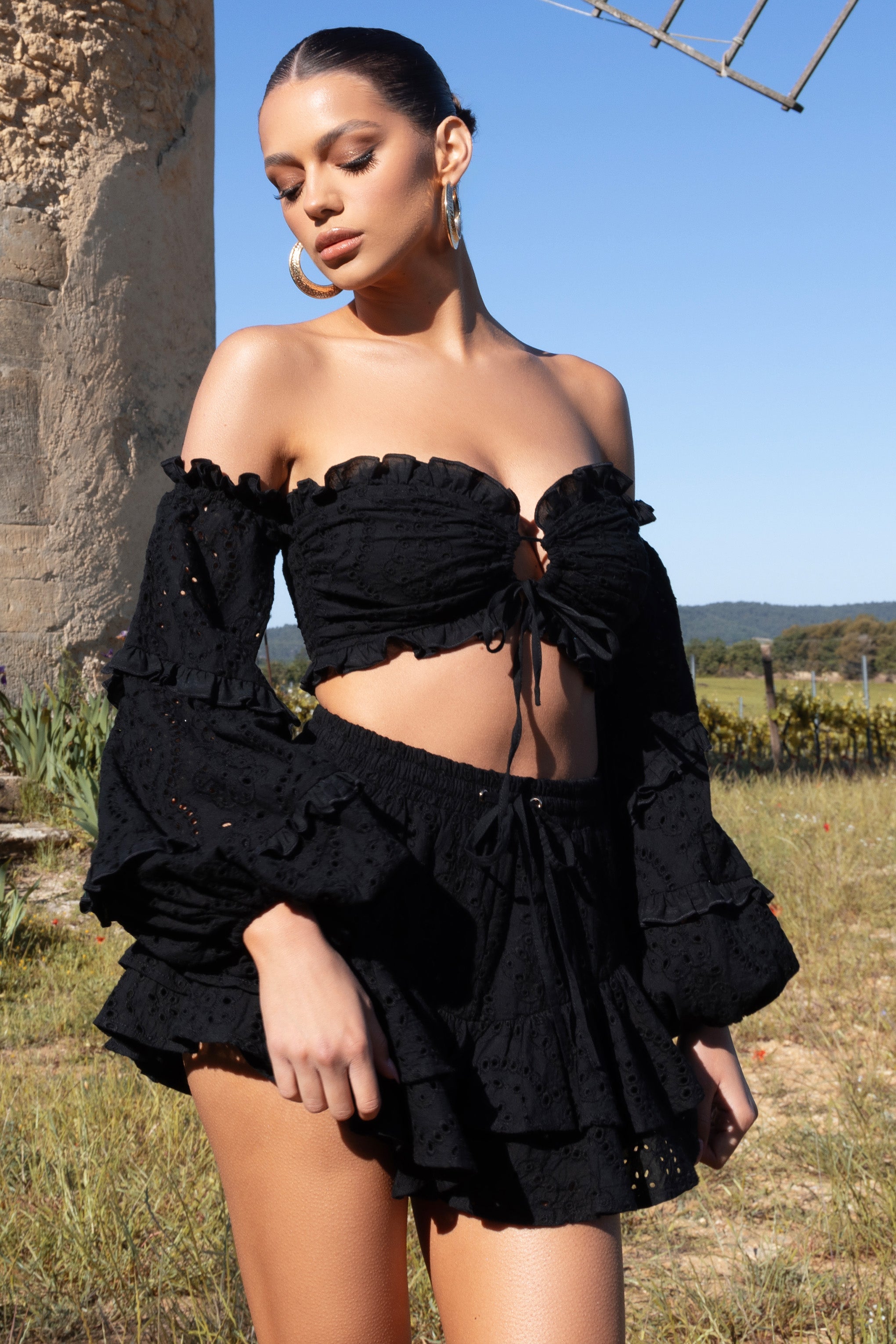 Parla Anglaise Black Lace Eyelet Frilled Shorts With Drawstrings-Babyboo Dress Store. All Rights Reserved.