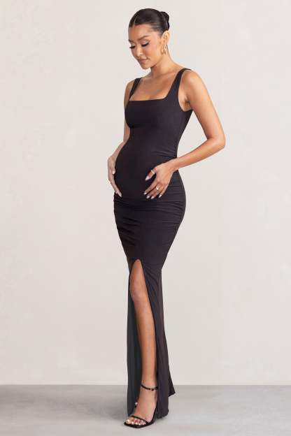 Avril Black Square Neck Maternity Maxi Dress with Split