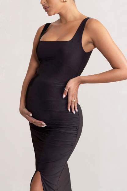 Avril Black Square Neck Maternity Maxi Dress with Split