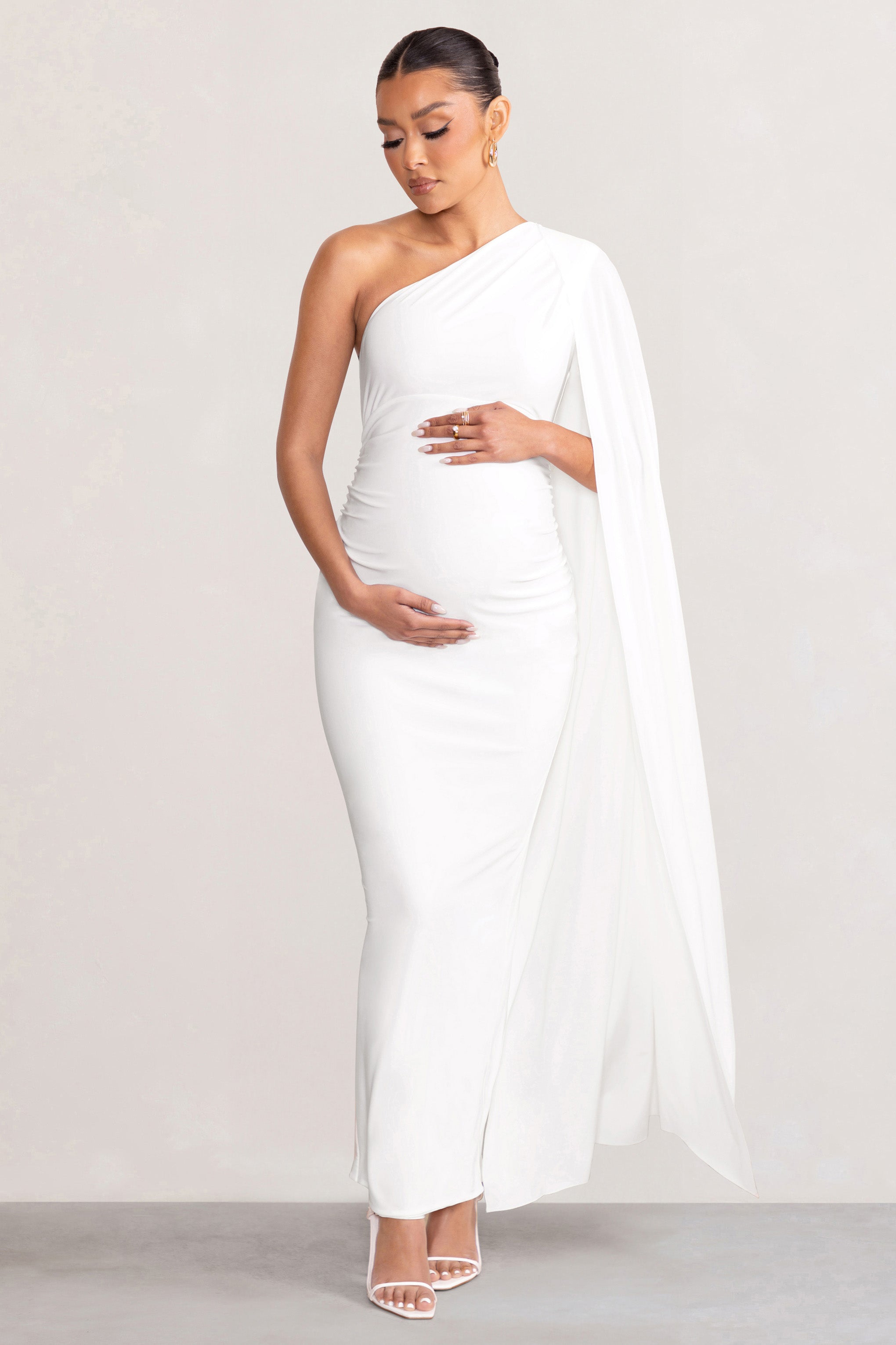 Amaryllis White Maternity One Shoulder Maxi Dress with Cape Sleeve