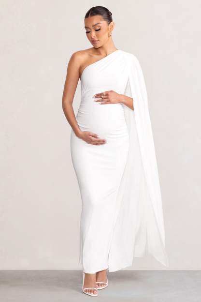 Amaryllis White Maternity One Shoulder Maxi Dress with Cape Sleeve