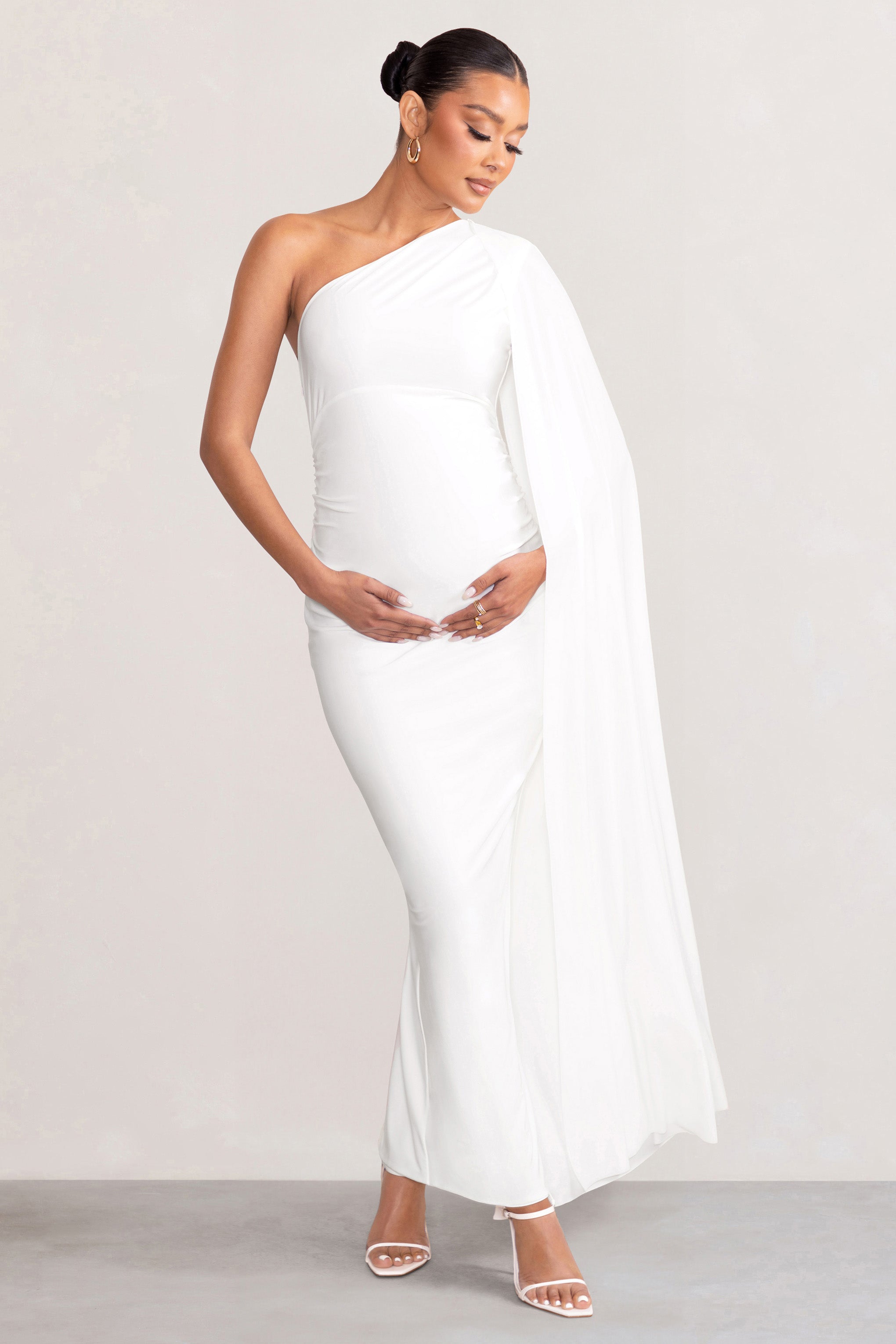 Amaryllis White Maternity One Shoulder Maxi Dress with Cape Sleeve