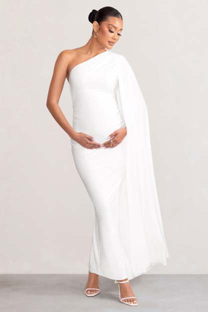 Amaryllis White Maternity One Shoulder Maxi Dress with Cape Sleeve