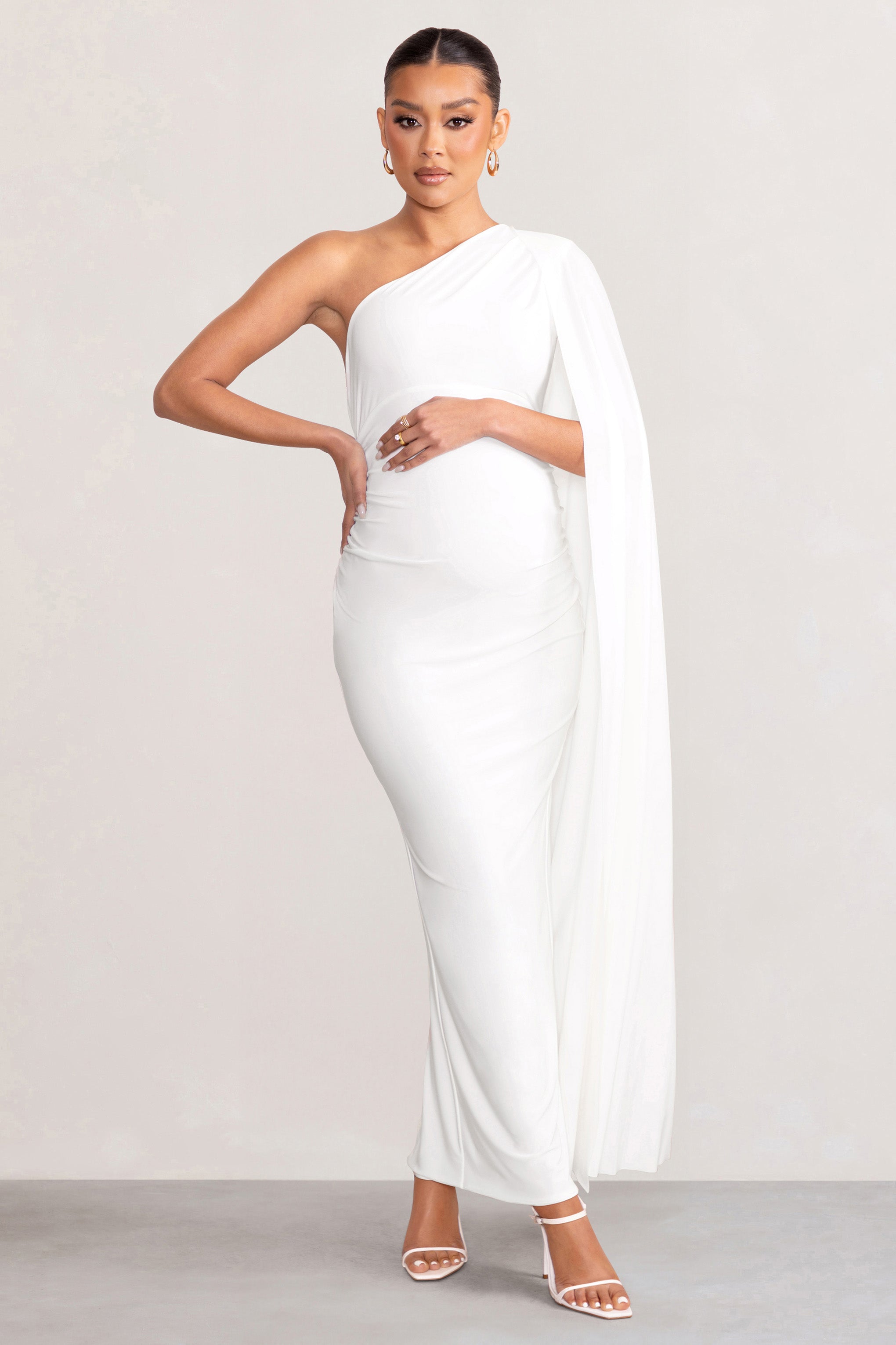 Amaryllis White Maternity One Shoulder Maxi Dress with Cape Sleeve