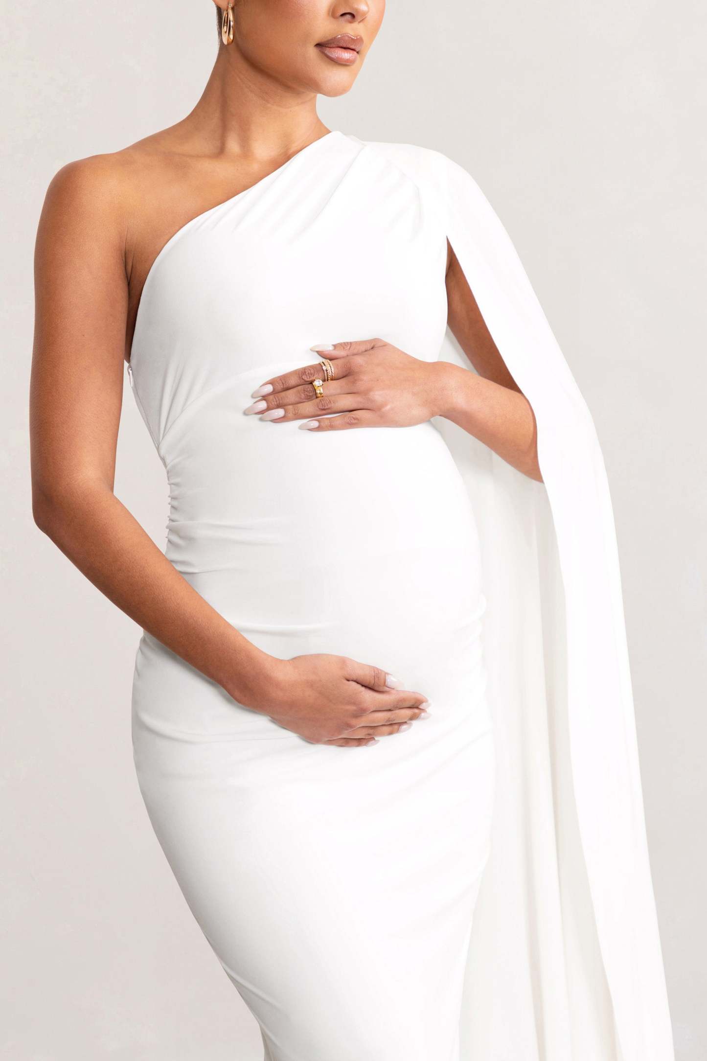 Amaryllis White Maternity One Shoulder Maxi Dress with Cape Sleeve