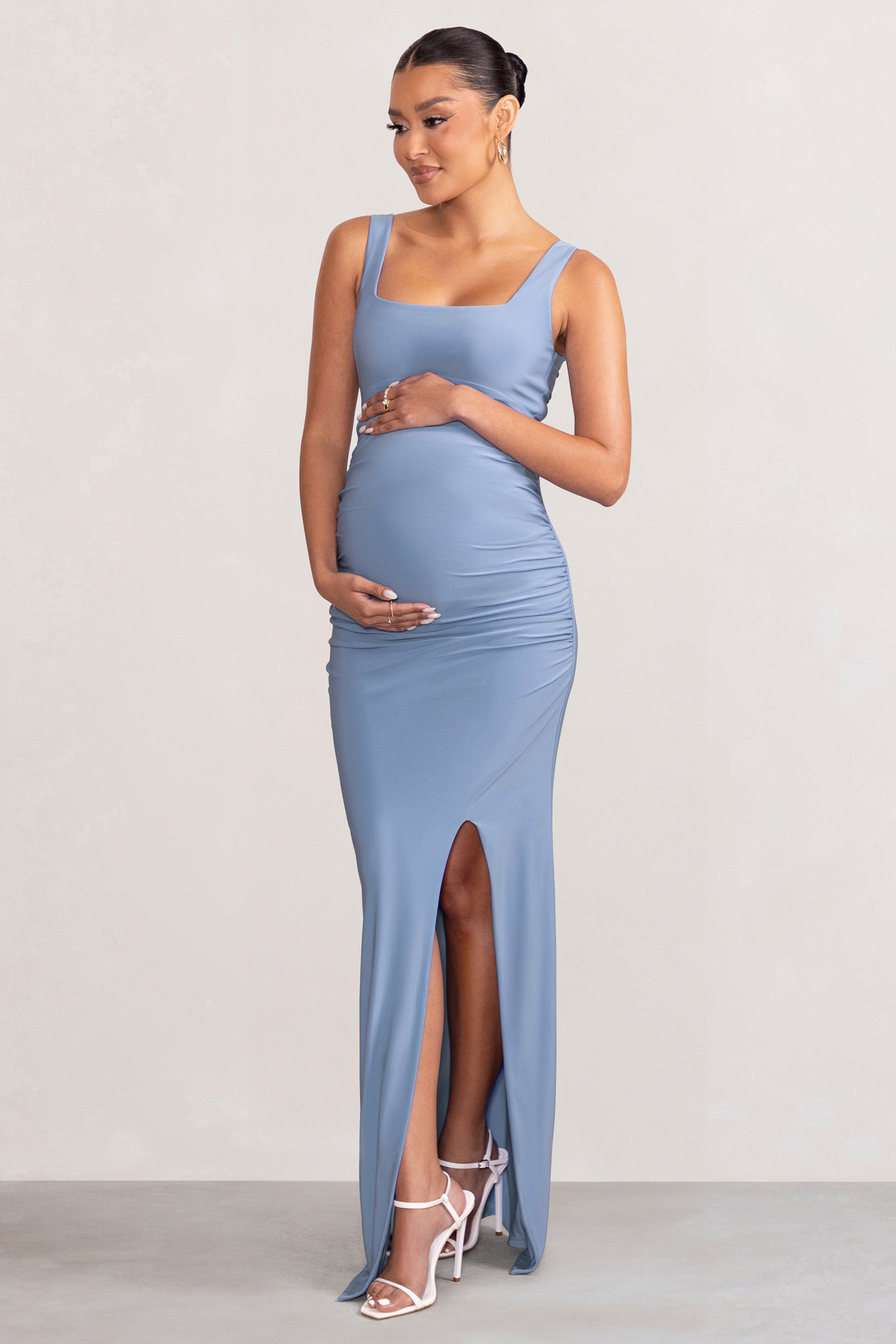 Avril Powder Blue Square Neck Maternity Maxi Dress with Split