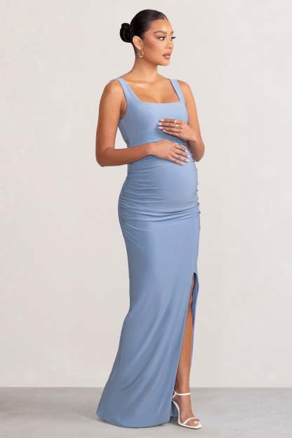Avril Powder Blue Square Neck Maternity Maxi Dress with Split