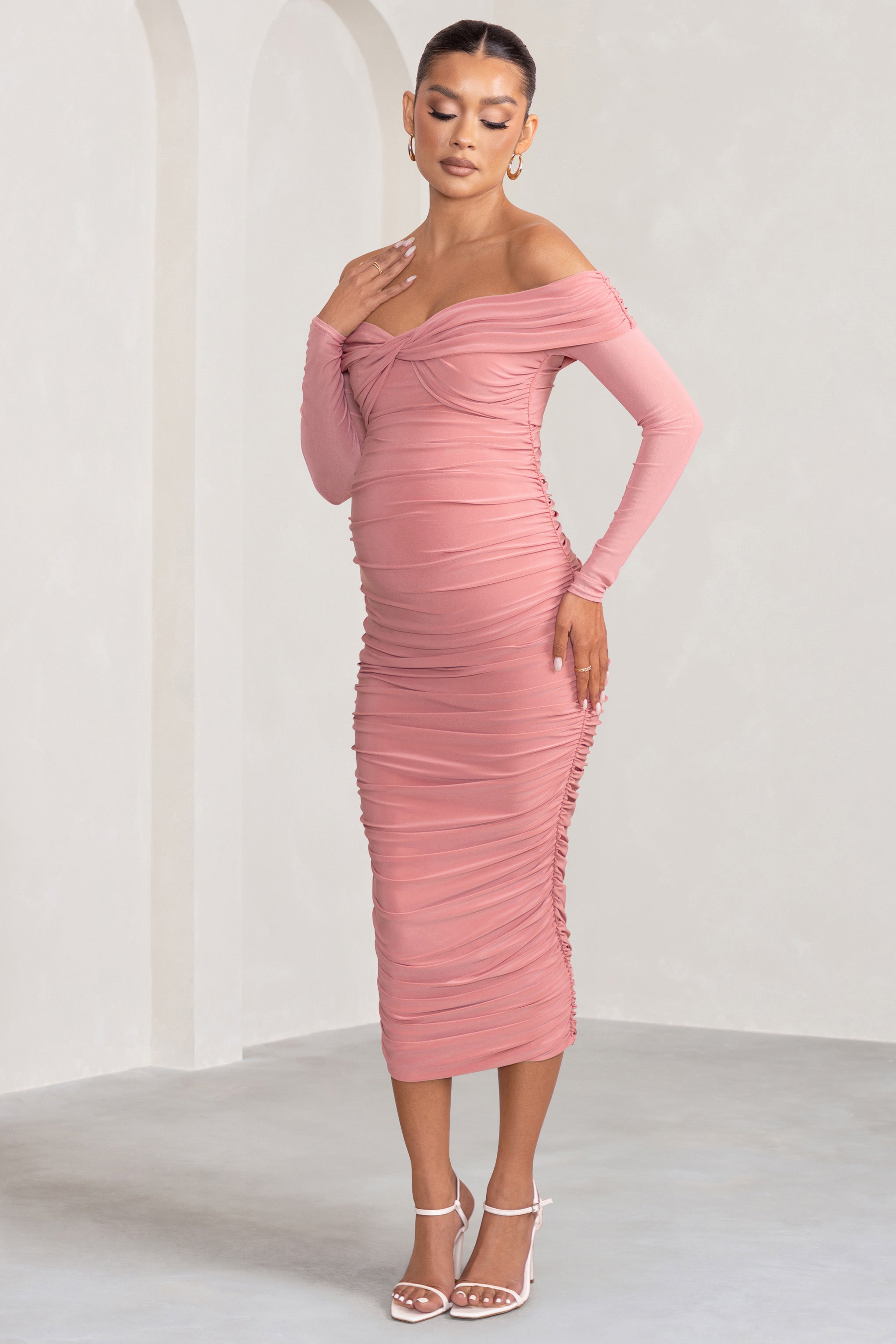 Neva Blush Bardot Twist Maternity Midi Dress-Babyboo Dress Store. All Rights Reserved.