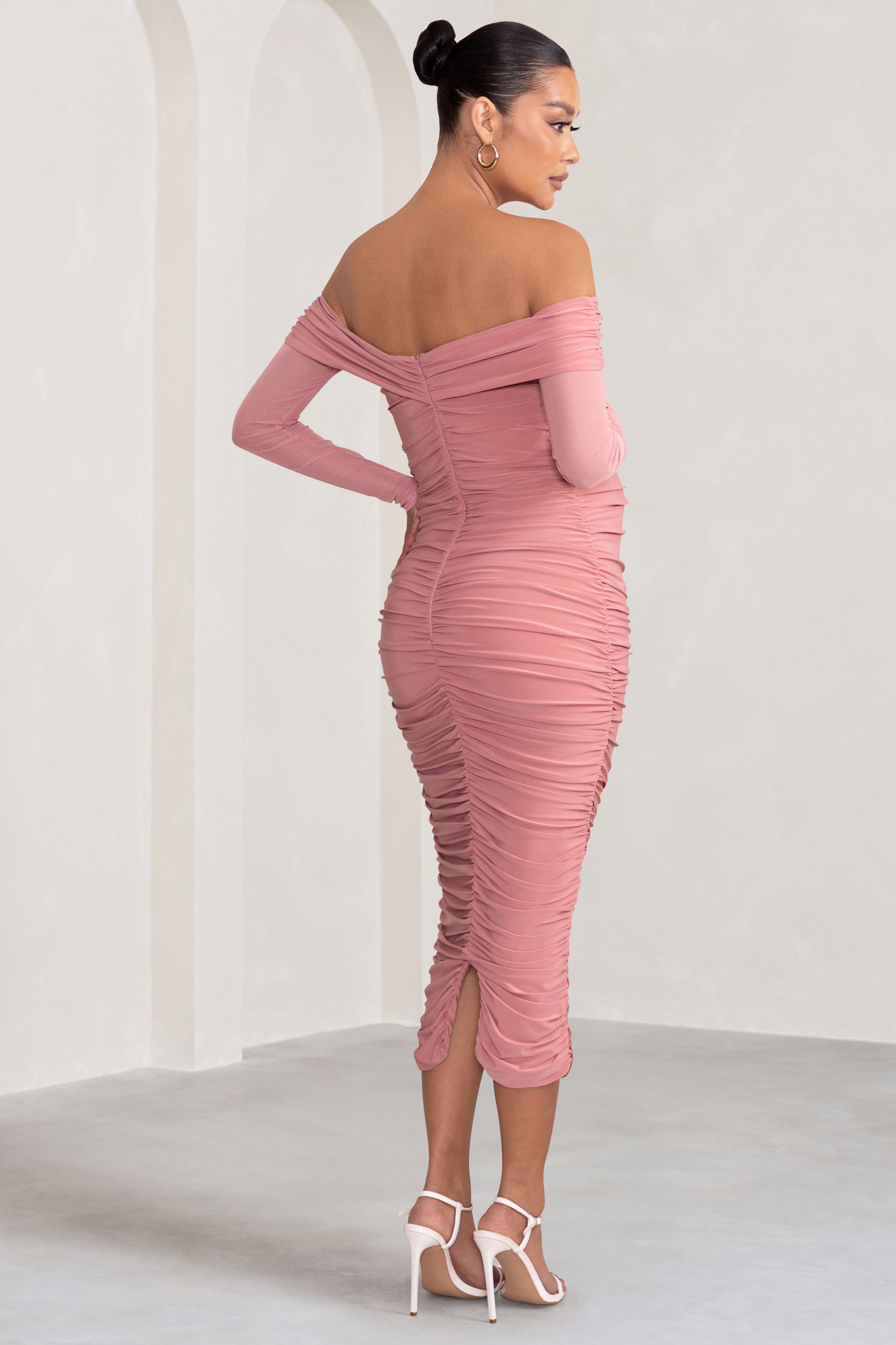 Neva Blush Bardot Twist Maternity Midi Dress-Babyboo Dress Store. All Rights Reserved.