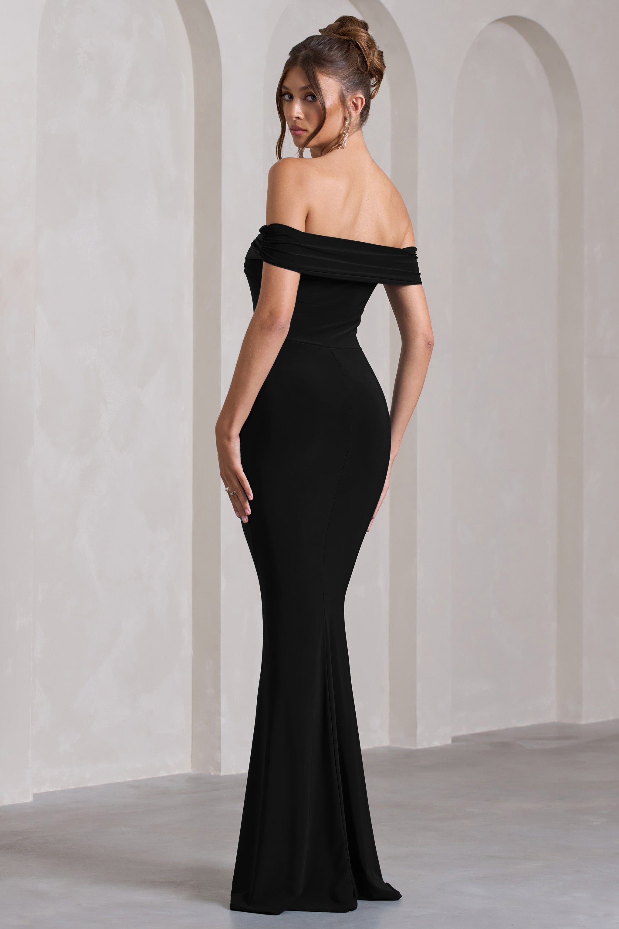 Black Bardot Draped Split Maxi Dress