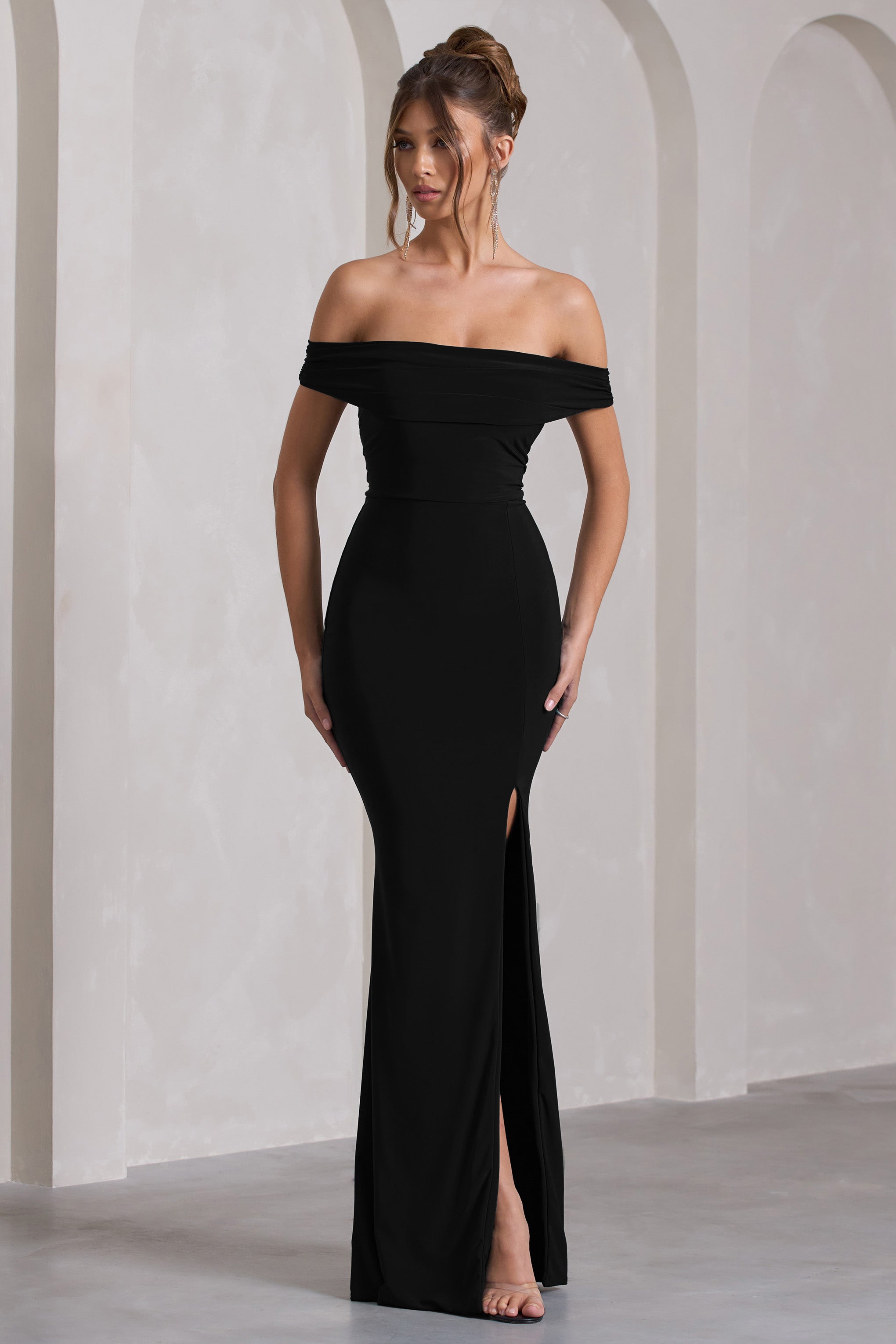 Black Bardot Draped Split Maxi Dress