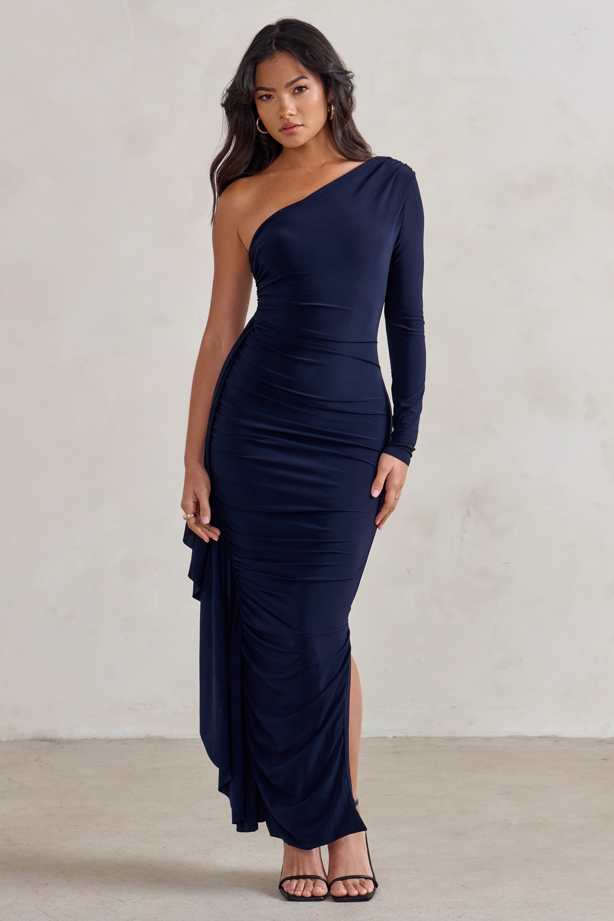 Never Let Go Navy One Shoulder Ruched Side Detail Maxi Dress-Babyboo Dress Store. All Rights Reserved.