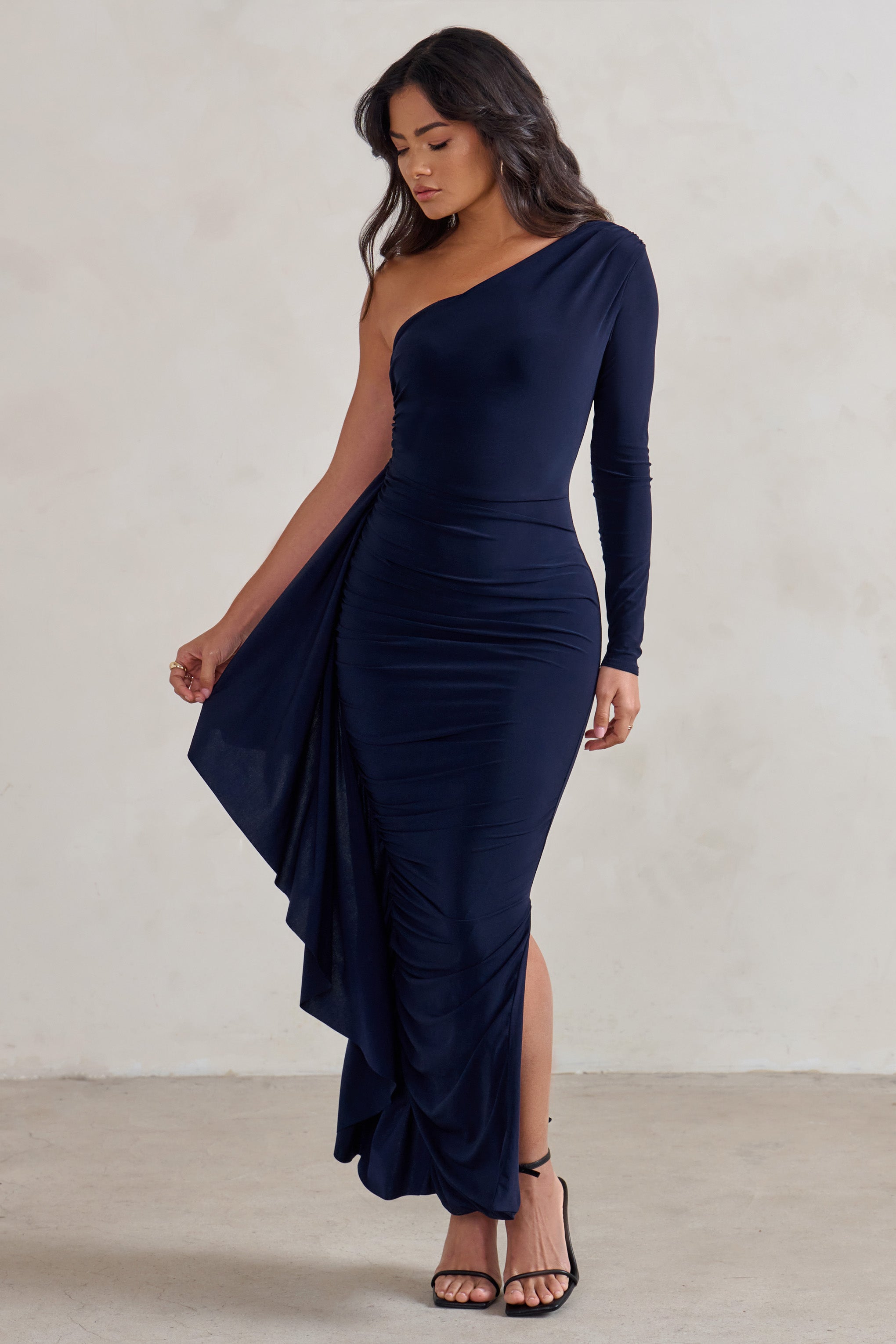 Never Let Go Navy One Shoulder Ruched Side Detail Maxi Dress-Babyboo Dress Store. All Rights Reserved.