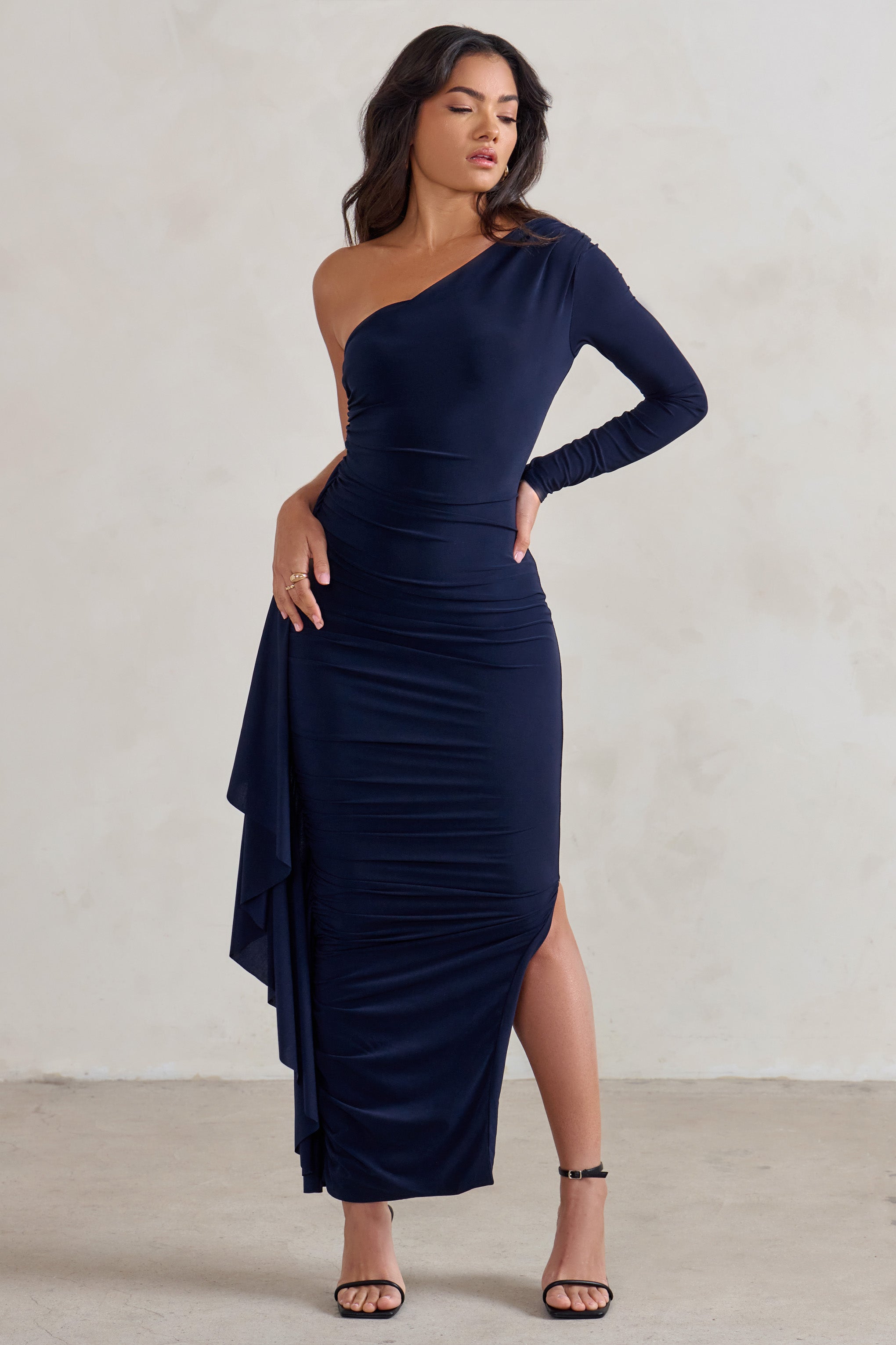 Never Let Go Navy One Shoulder Ruched Side Detail Maxi Dress-Babyboo Dress Store. All Rights Reserved.