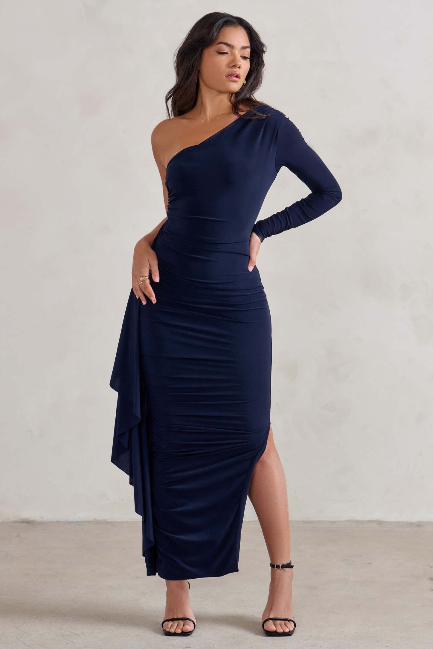 Never Let Go Navy One Shoulder Ruched Side Detail Maxi Dress-Babyboo Dress Store. All Rights Reserved.