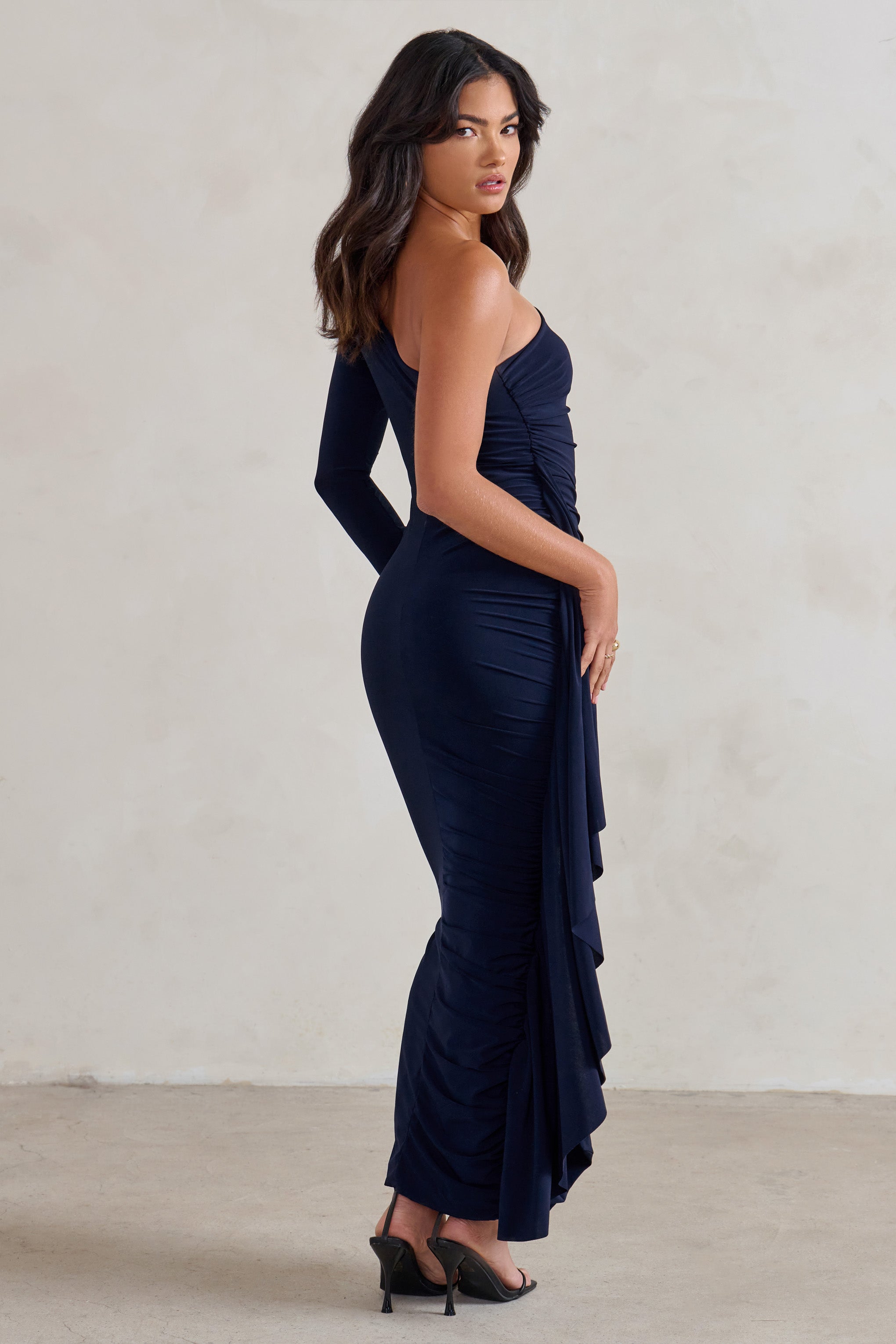Never Let Go Navy One Shoulder Ruched Side Detail Maxi Dress-Babyboo Dress Store. All Rights Reserved.