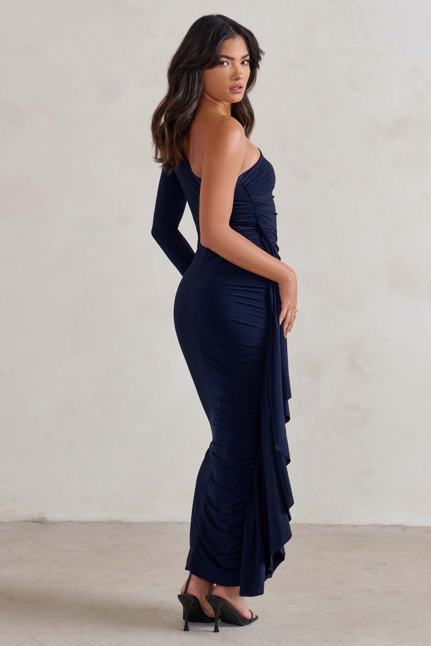 Never Let Go Navy One Shoulder Ruched Side Detail Maxi Dress-Babyboo Dress Store. All Rights Reserved.