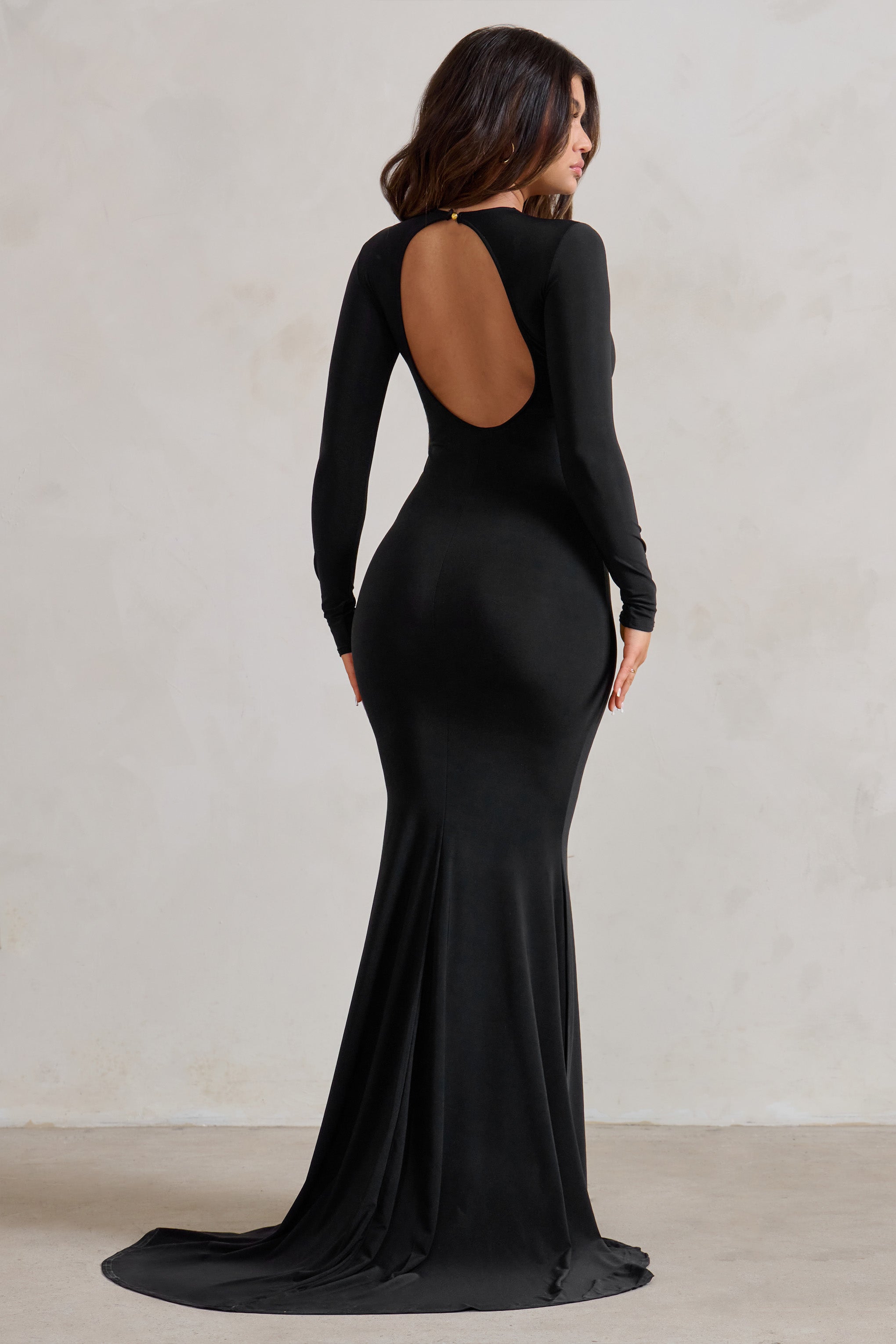 One Step Ahead Black Long Sleeve Backless Fishtail Maxi Dress-Babyboo Dress Store. All Rights Reserved.