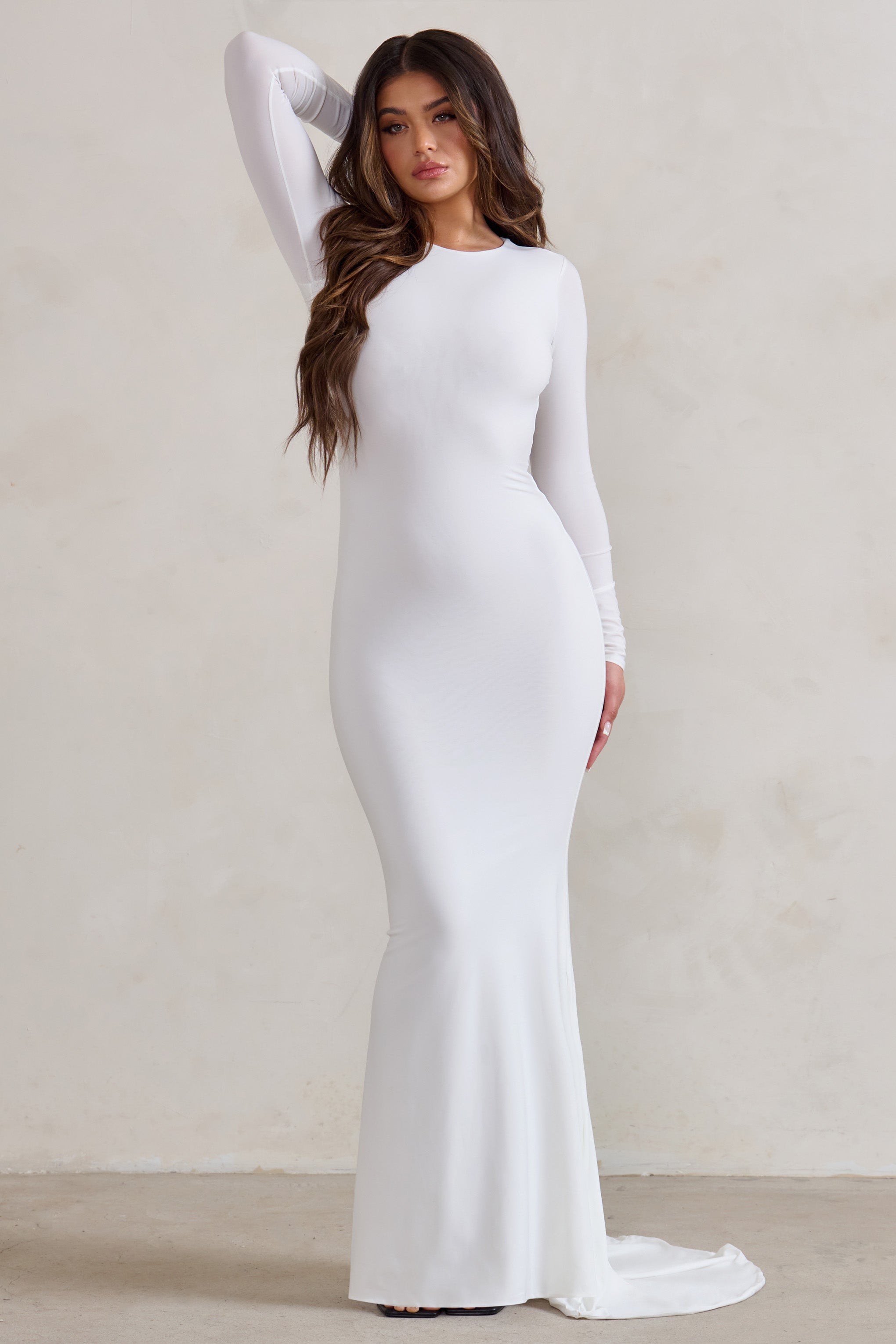 One Step Ahead White Long Sleeve Backless Fishtail Maxi Dress-Babyboo Dress Store. All Rights Reserved.