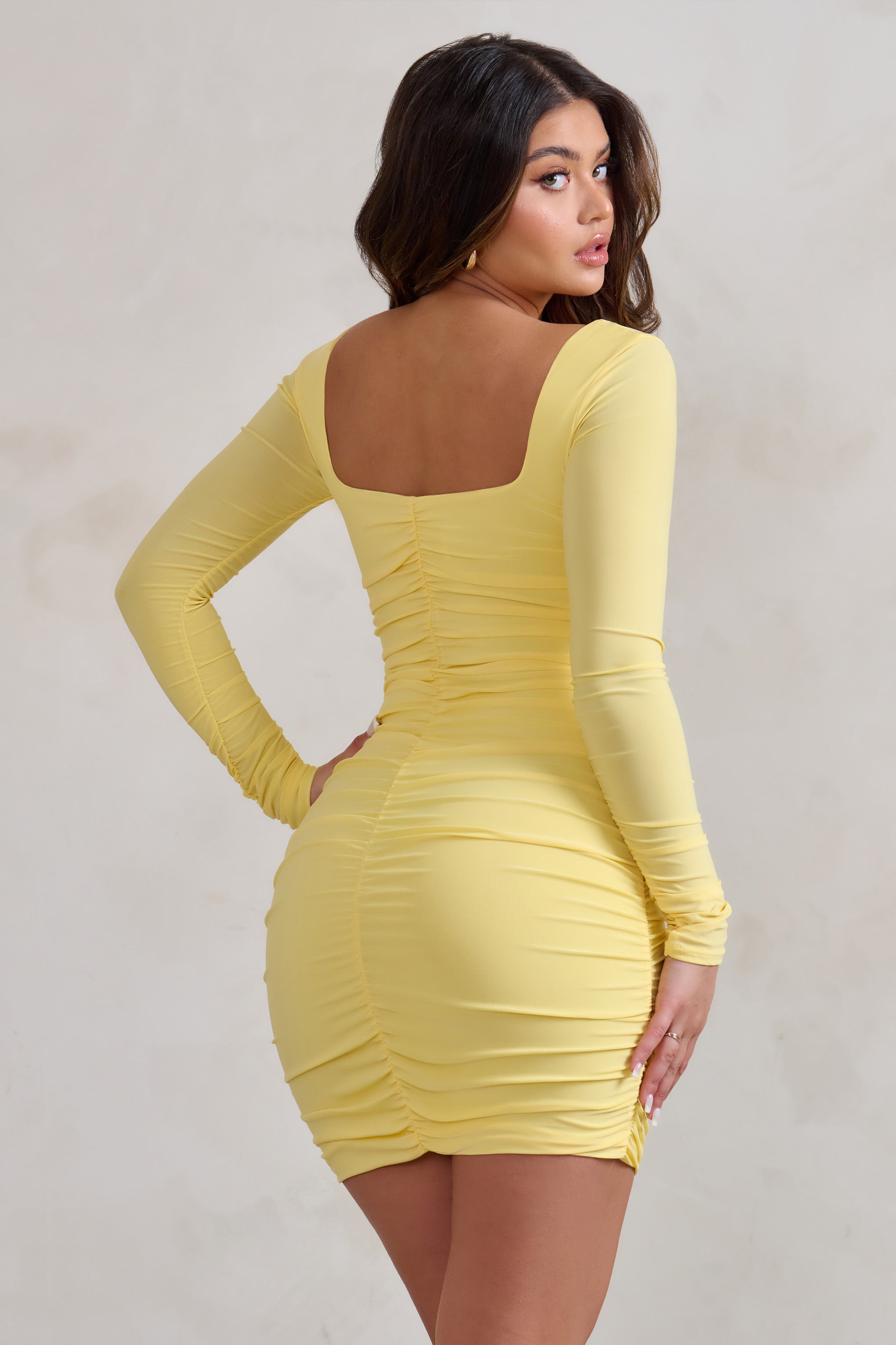 Muse Lemon Long Sleeve Square Neck Ruched Mini Dress-Babyboo Dress Store. All Rights Reserved.