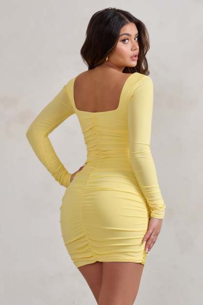 Muse Lemon Long Sleeve Square Neck Ruched Mini Dress-Babyboo Dress Store. All Rights Reserved.