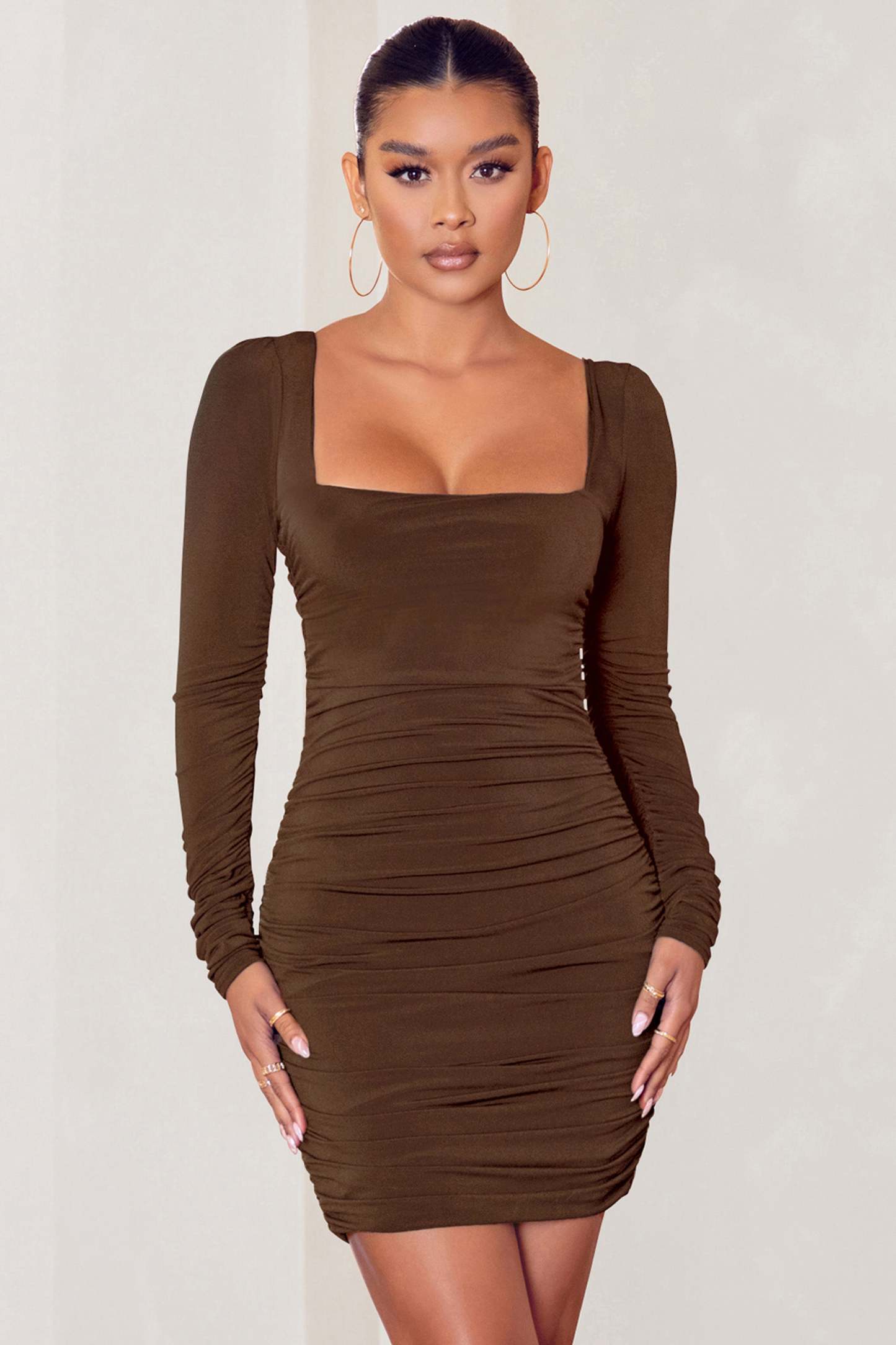 Muse Chocolate Long Sleeve Square Neck Ruched Mini Dress-Babyboo Dress Store. All Rights Reserved.