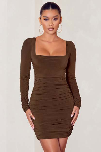 Muse Chocolate Long Sleeve Square Neck Ruched Mini Dress-Babyboo Dress Store. All Rights Reserved.