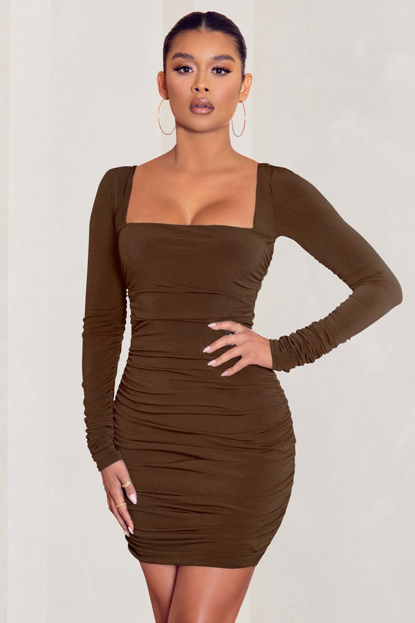 Muse Chocolate Long Sleeve Square Neck Ruched Mini Dress-Babyboo Dress Store. All Rights Reserved.