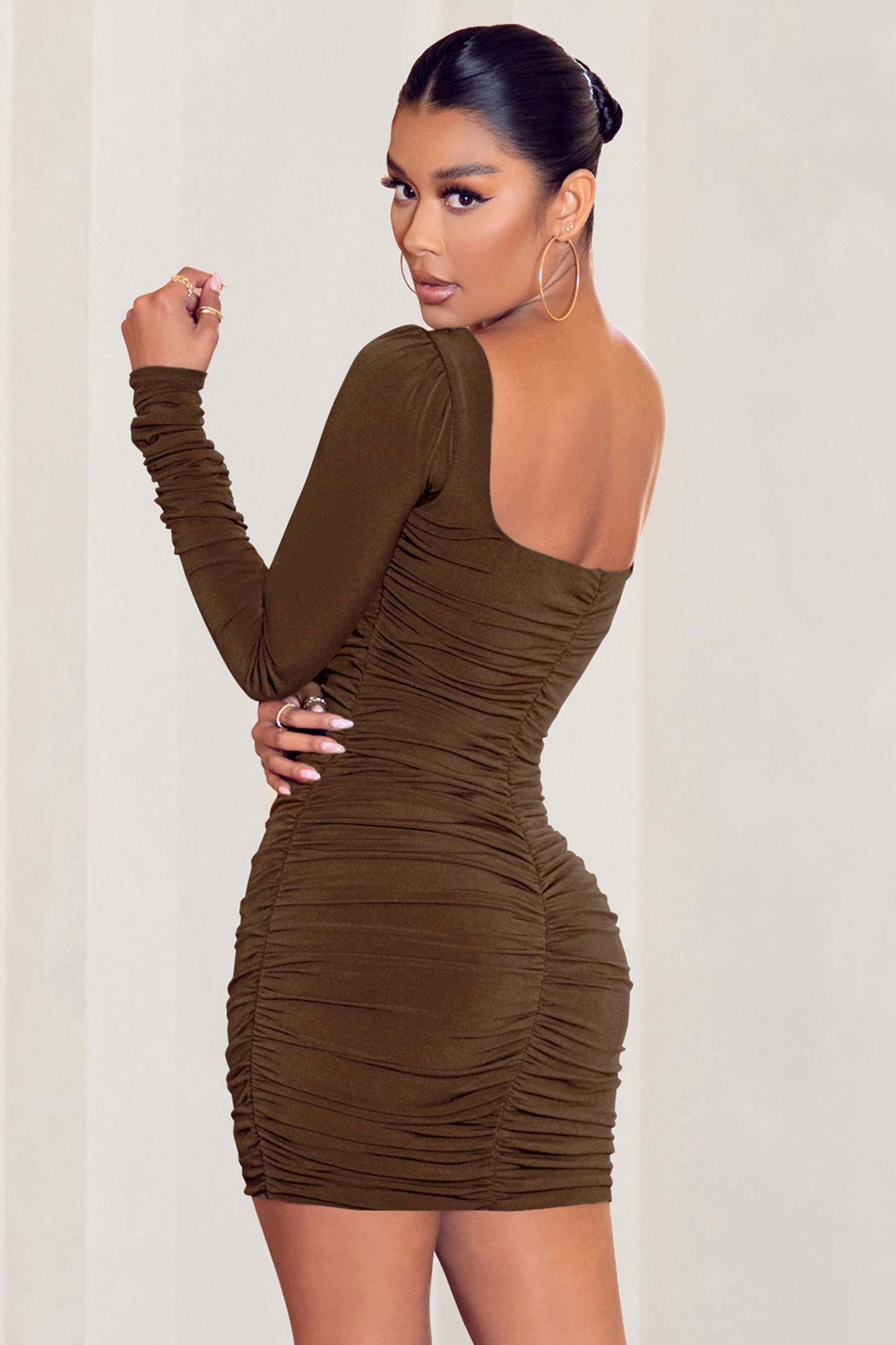 Muse Chocolate Long Sleeve Square Neck Ruched Mini Dress-Babyboo Dress Store. All Rights Reserved.