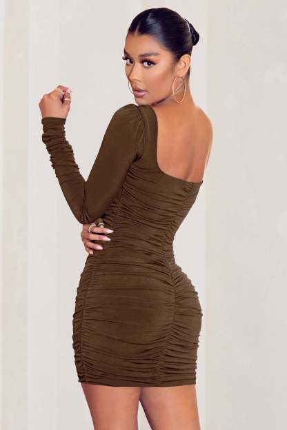 Muse Chocolate Long Sleeve Square Neck Ruched Mini Dress-Babyboo Dress Store. All Rights Reserved.