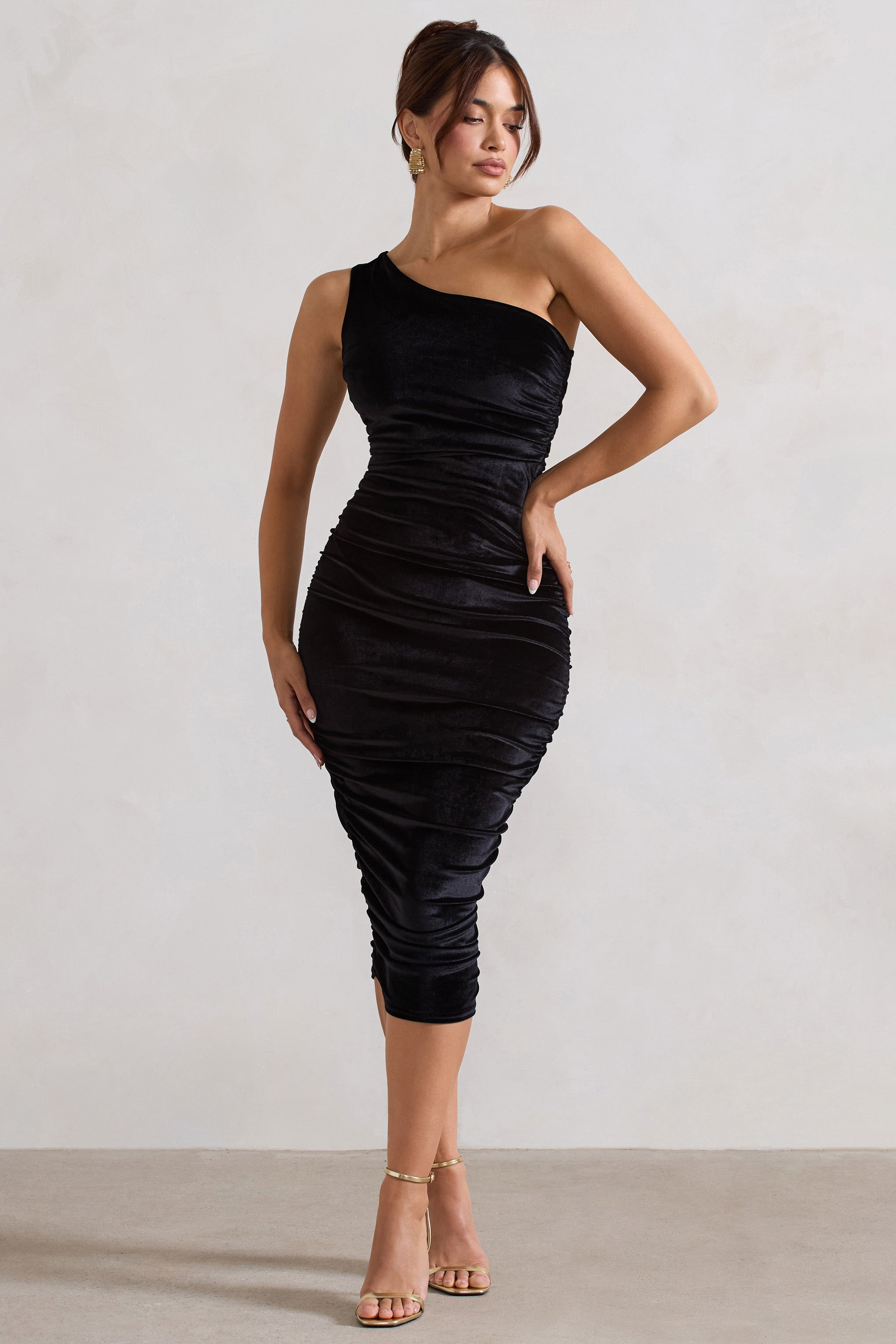 Back For More Black Velvet One Shoulder Ruched Midi Dress