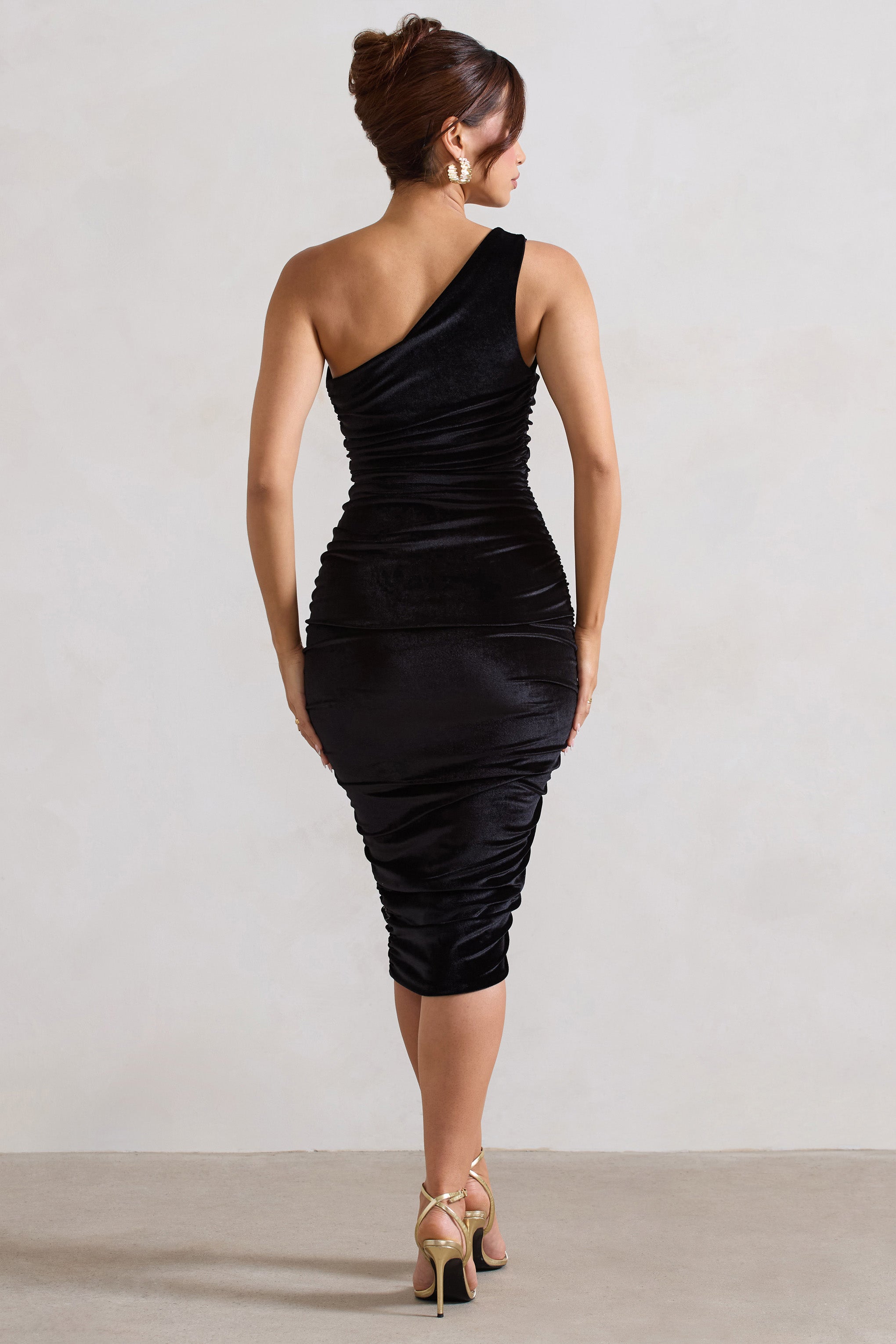 Back For More Black Velvet One Shoulder Ruched Midi Dress
