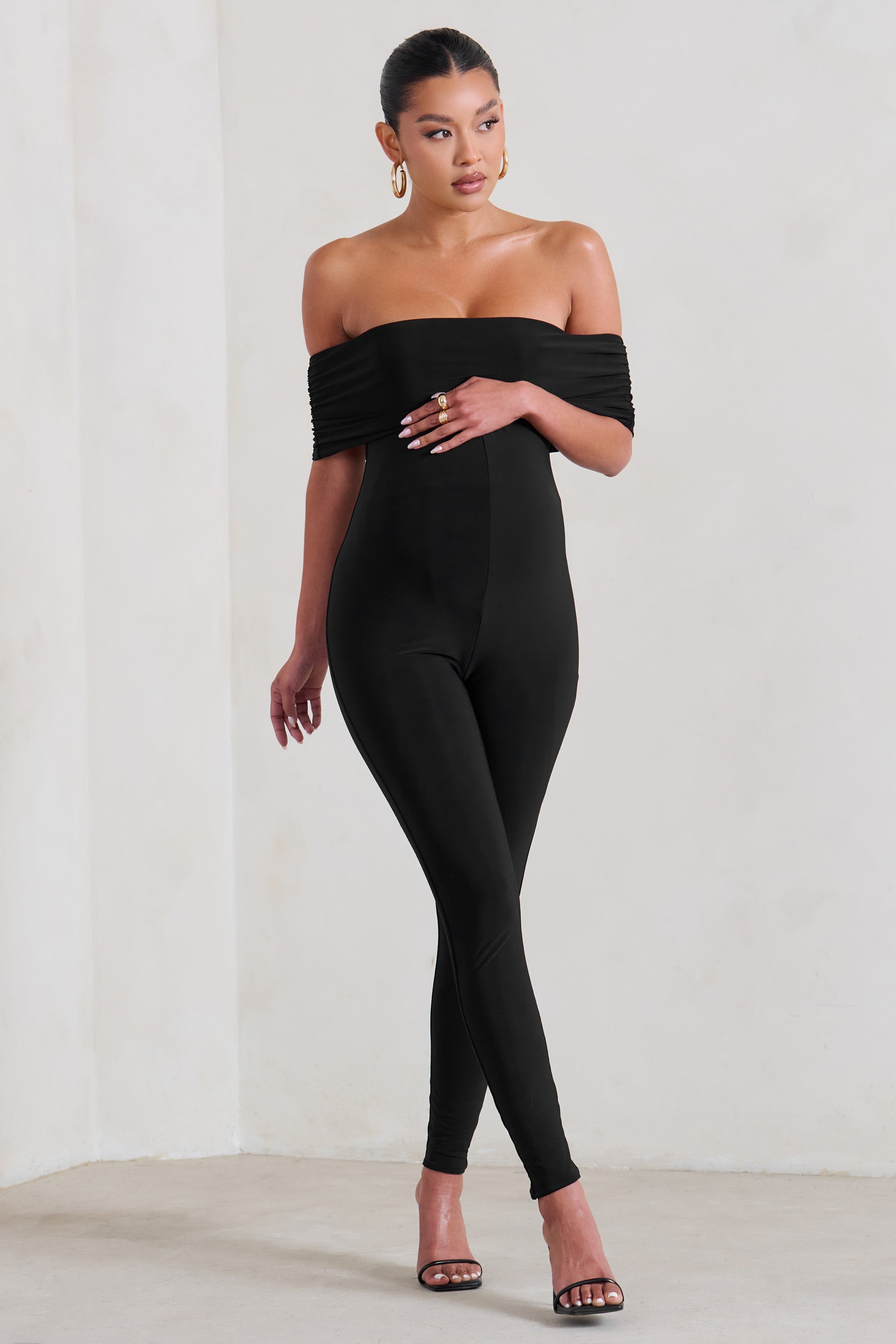 Carefully Crafted Black Maternity Bardot Fitted Jumpsuit-Babyboo Dress Store. All Rights Reserved.