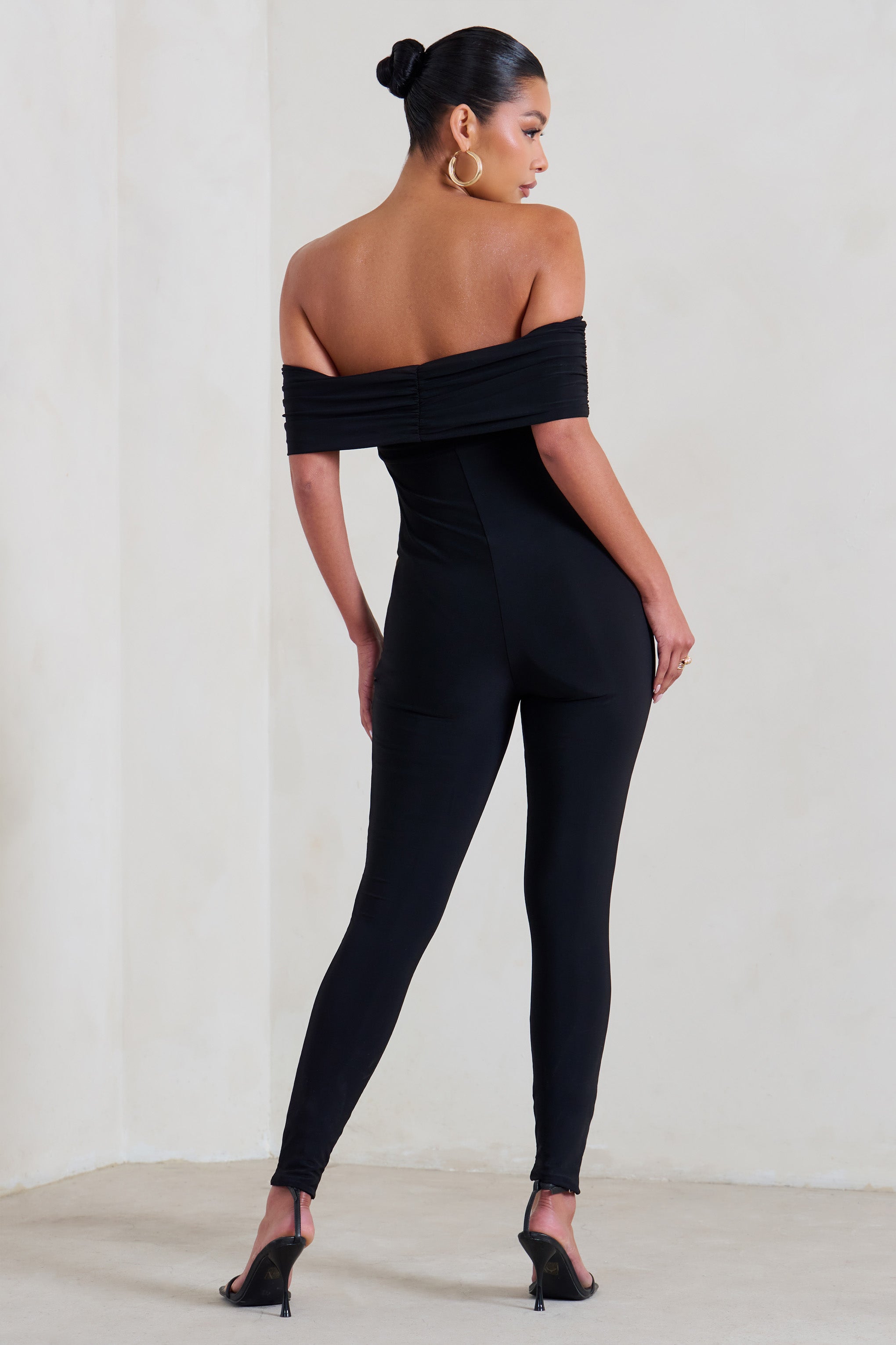 Carefully Crafted Black Maternity Bardot Fitted Jumpsuit-Babyboo Dress Store. All Rights Reserved.