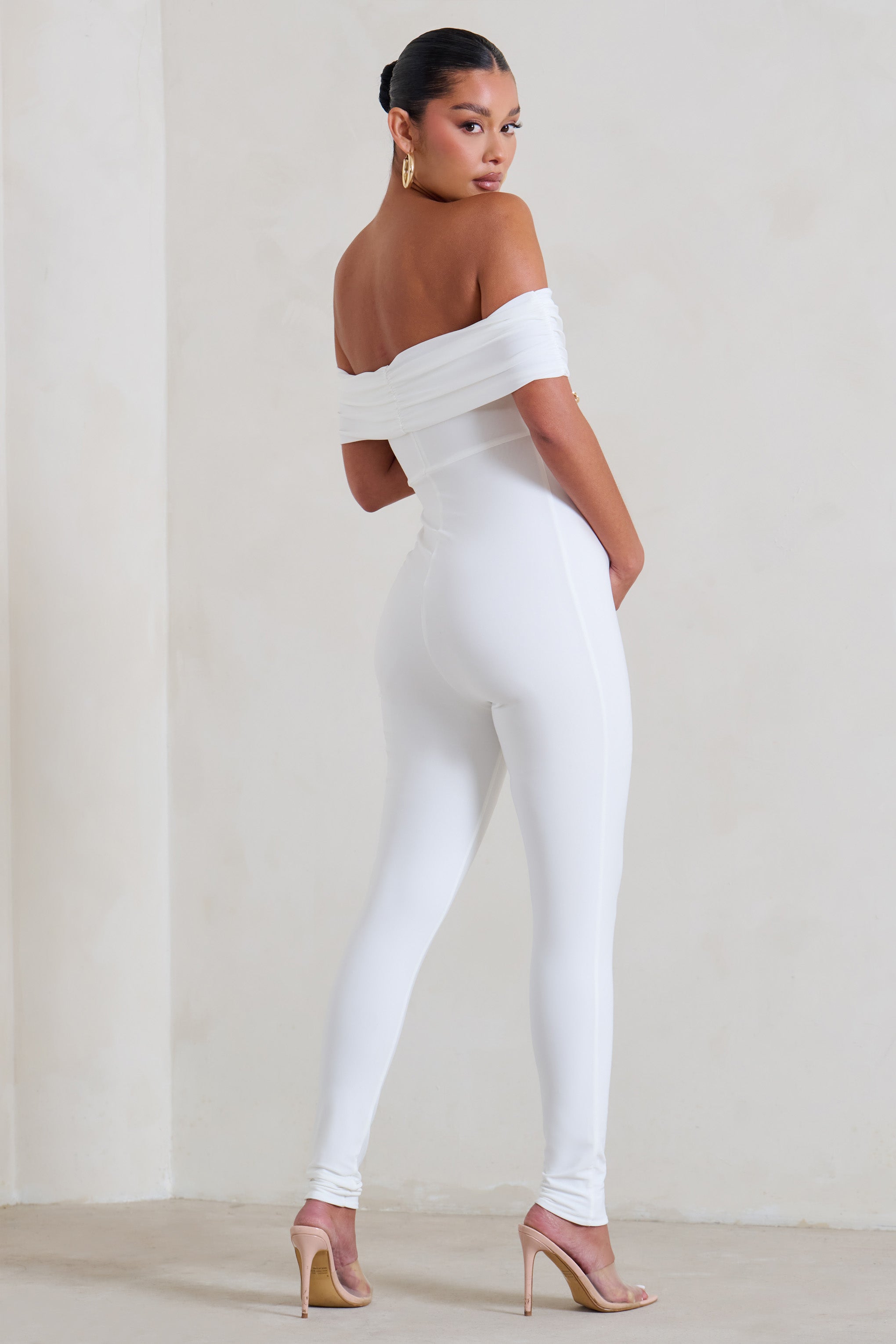 Carefully Crafted White Maternity Bardot Fitted Jumpsuit-Babyboo Dress Store. All Rights Reserved.
